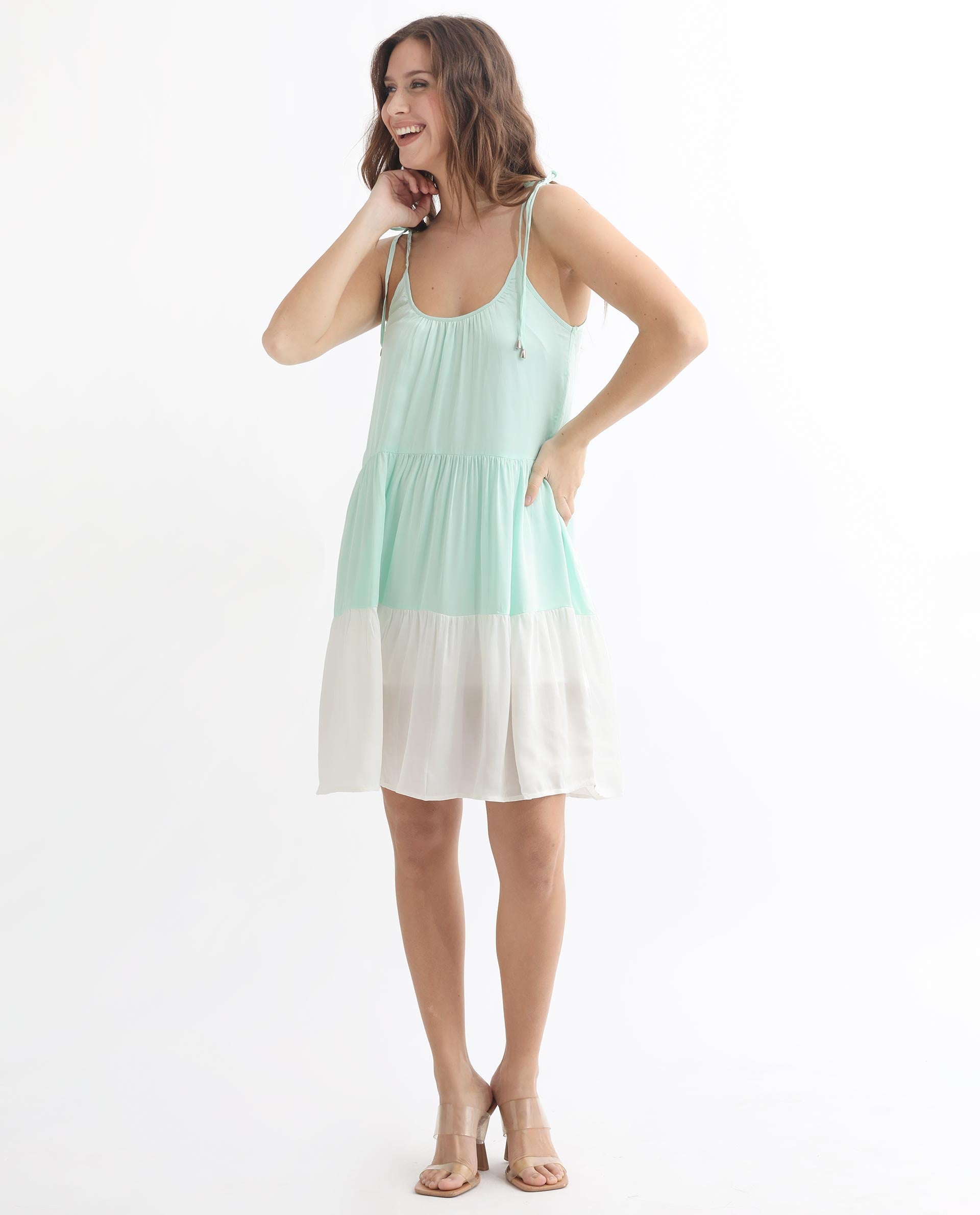 Rareism Women Aldo Light Green U Neck Sleeveless With Tie-Up Straps Mini Dress
