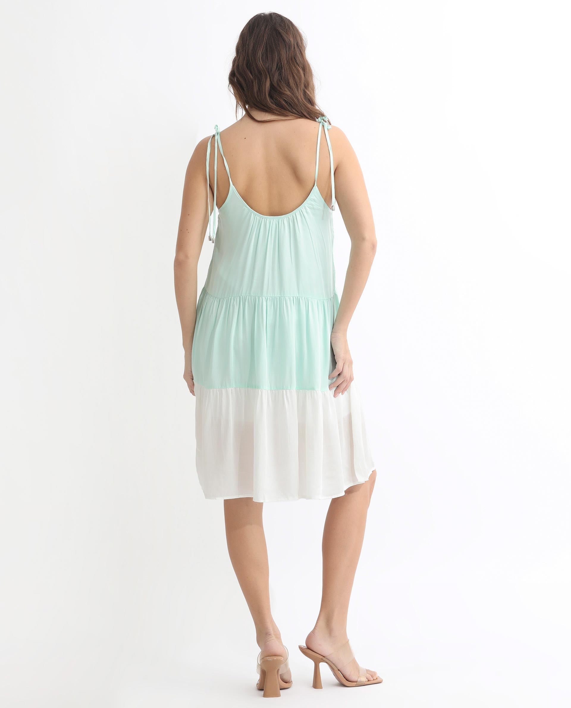 Rareism Women's Aldo Green Modal Blend Tie-Up Neck Color Block Shoulder Strap Knee Length Flared Dress
