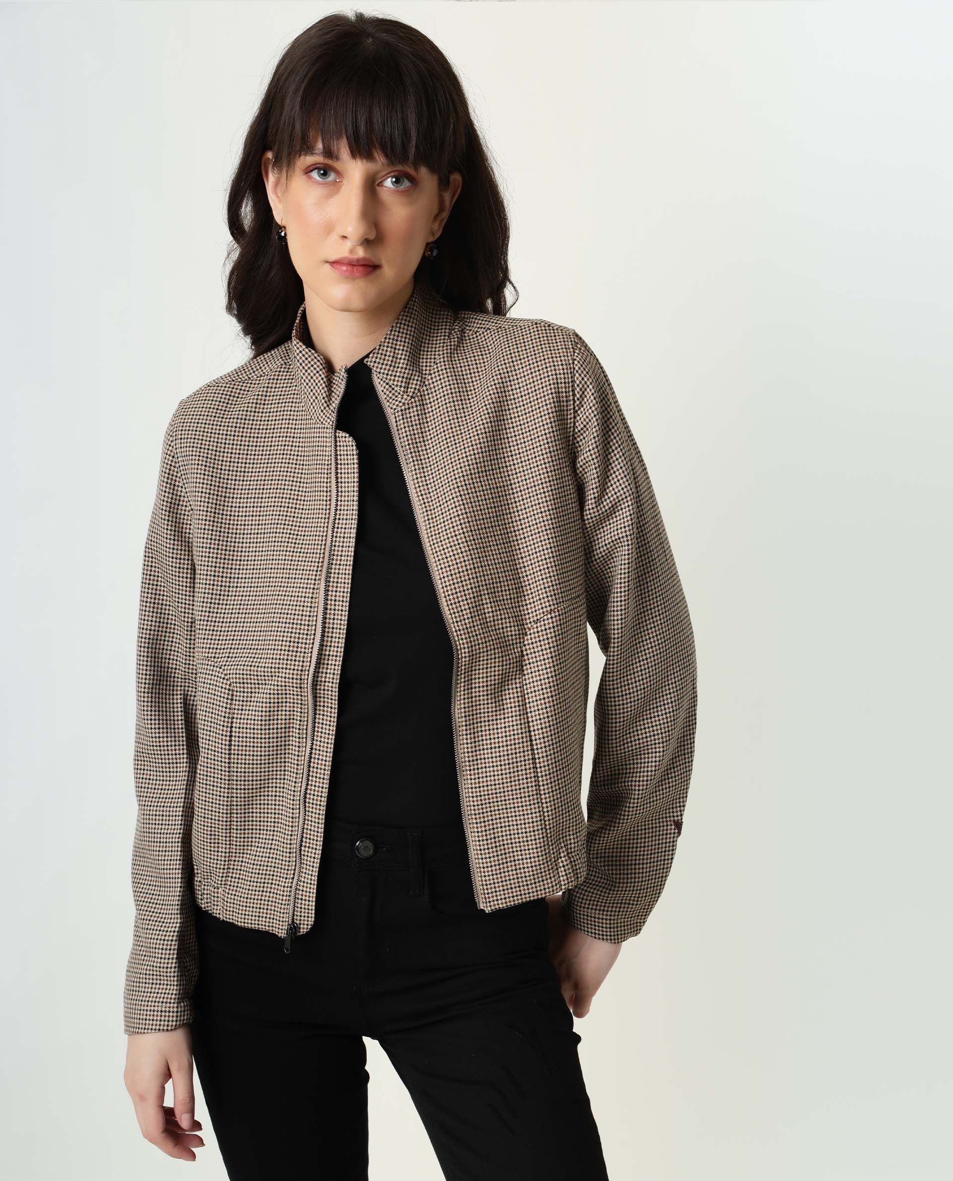 Rareism Womens Alex Yellow Bomber Jacket Full Sleeves Check Pattern