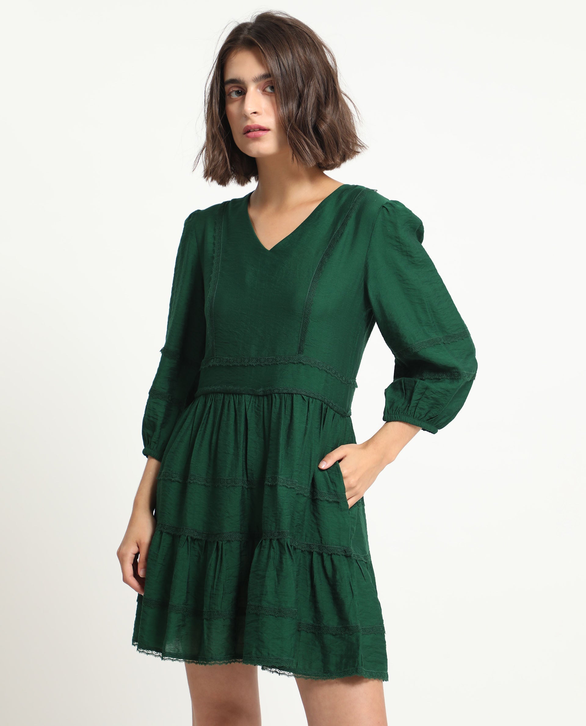 Rareism Women's Alexa Dark Green Viscose V-Neck Plain Balloon Sleeve Mini Regular Fit Dress
