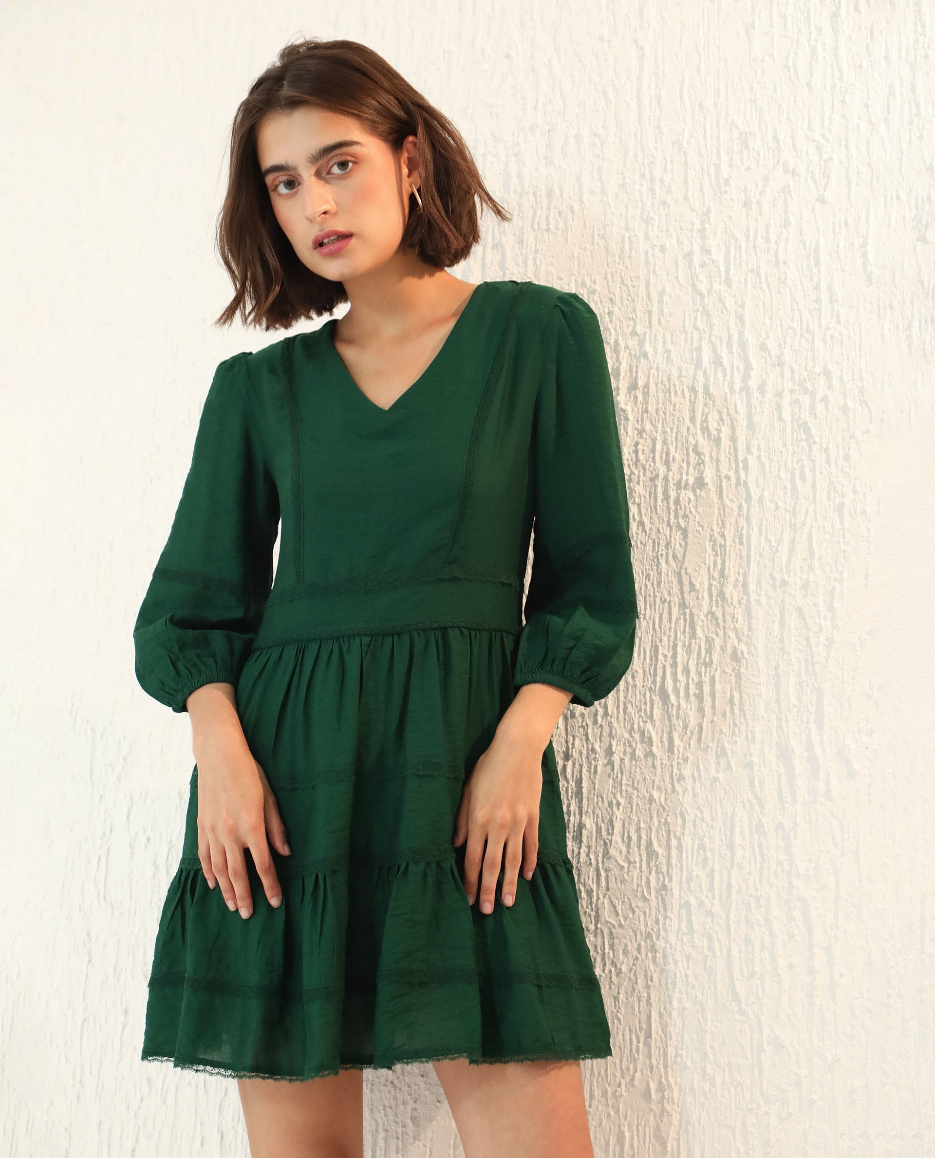 Rareism Women's Alexa Dark Green Viscose V-Neck Plain Balloon Sleeve Mini Regular Fit Dress