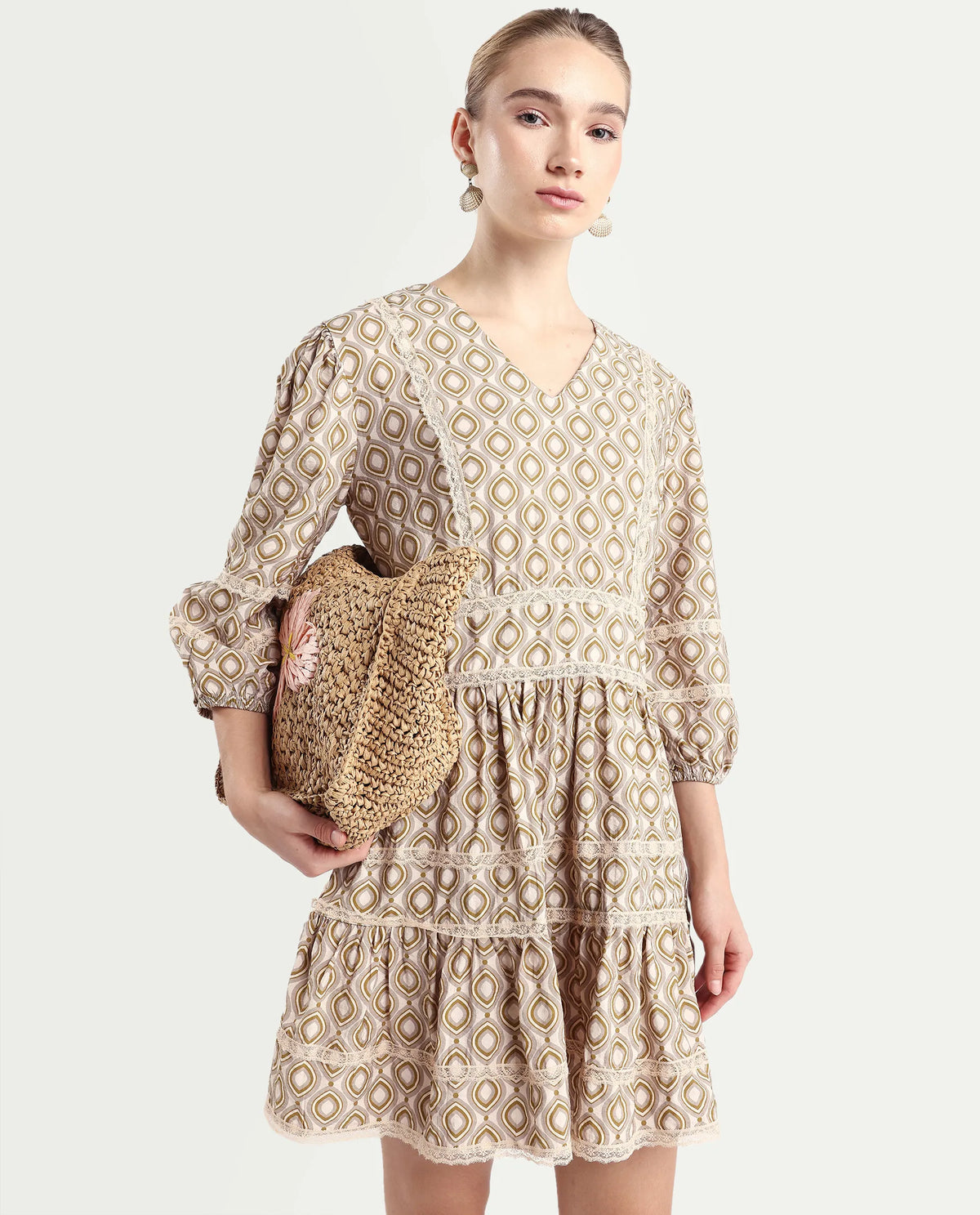Rareism Women's Alexo Beige Nylon Blend V-Neck Geometric Print Puff Sleeves Mini Fit And Flare Dress