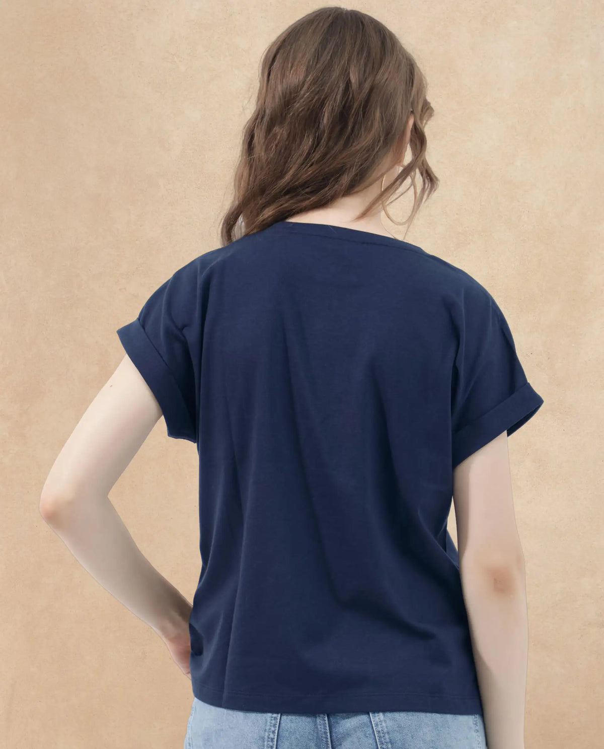 Rareism Women Alexy Dark Navy Cotton Poly Fabric Short Sleeve Crew Neck Solid T-Shirt
