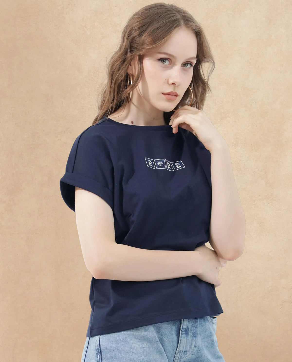 Rareism Women Alexy Dark Navy Cotton Poly Fabric Short Sleeve Crew Neck Solid T-Shirt