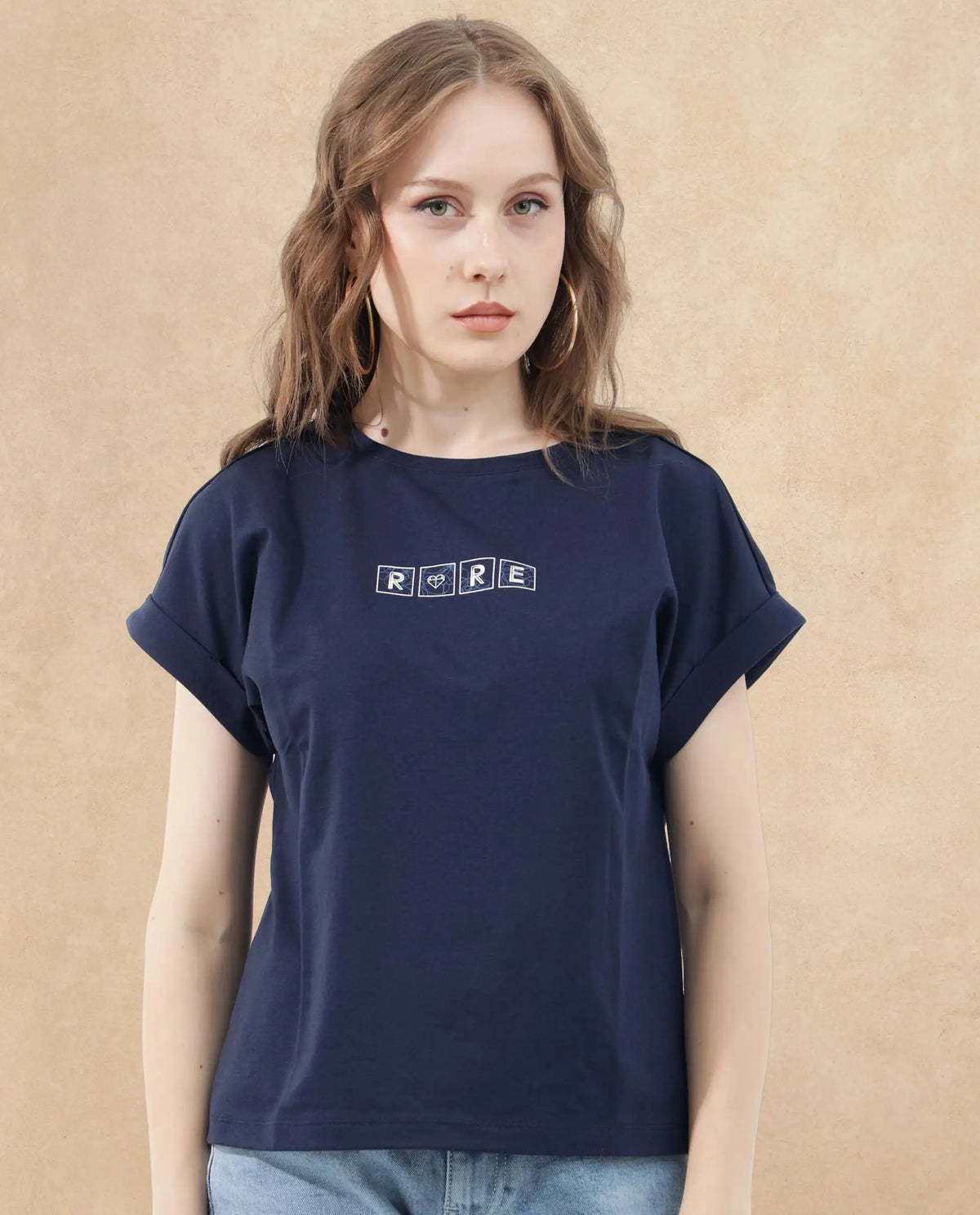 Rareism Women Alexy Dark Navy Cotton Poly Fabric Short Sleeve Crew Neck Solid T-Shirt