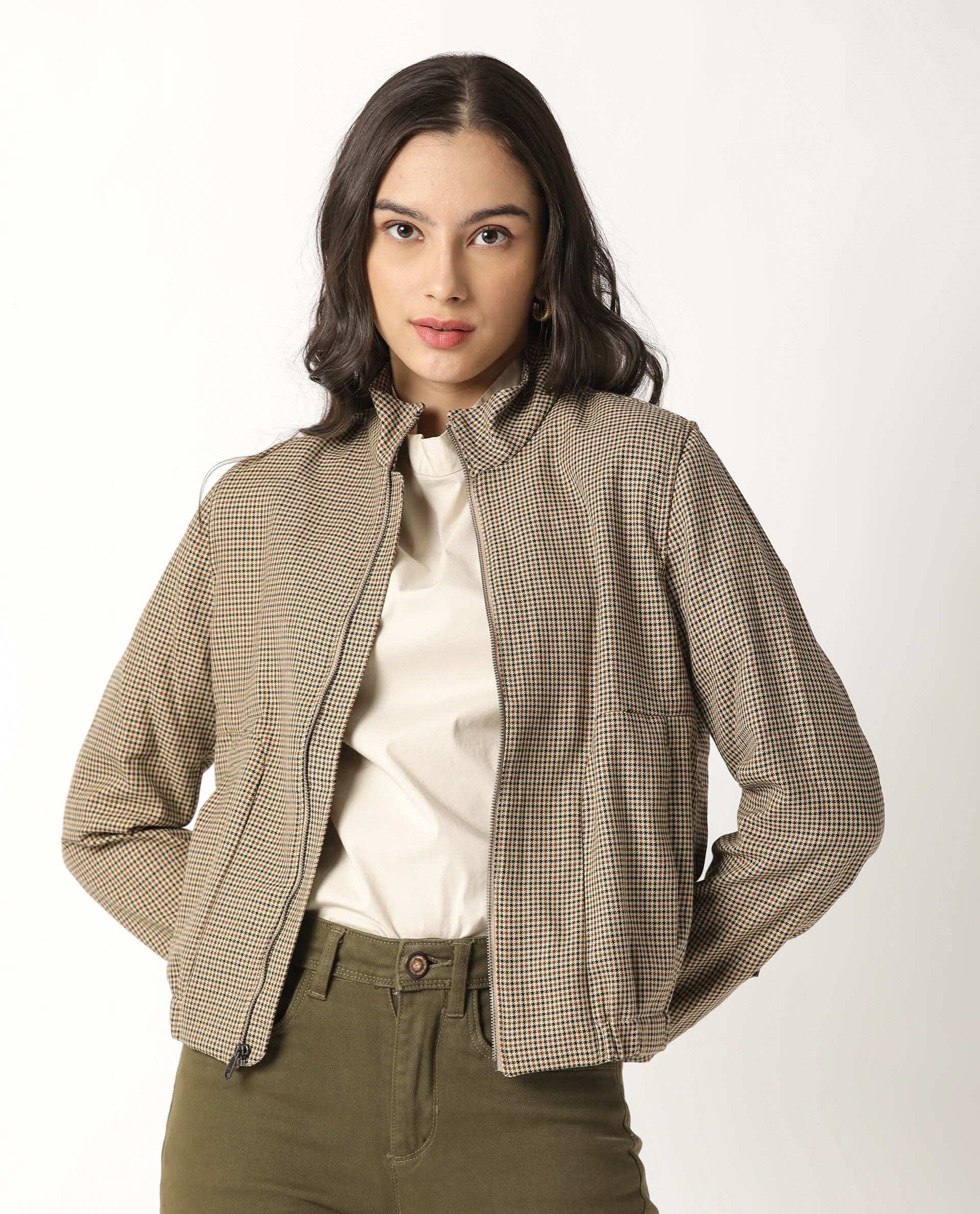 Rareism Womens Alex Yellow Bomber Jacket Full Sleeves Check Pattern