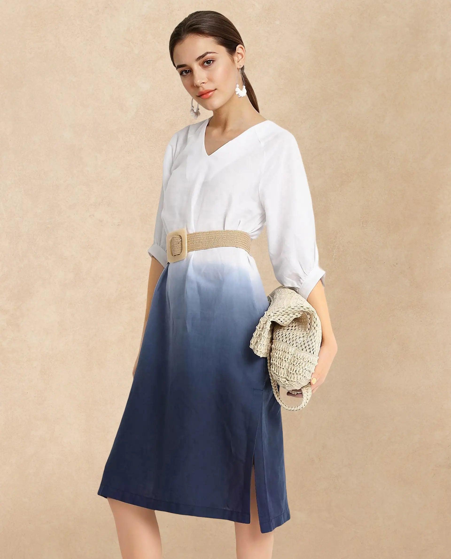 Rareism Women's Algan White Polyester Blend Fabric V-Neck Raglan Sleeve Ombre Straight Fit Midi Dress