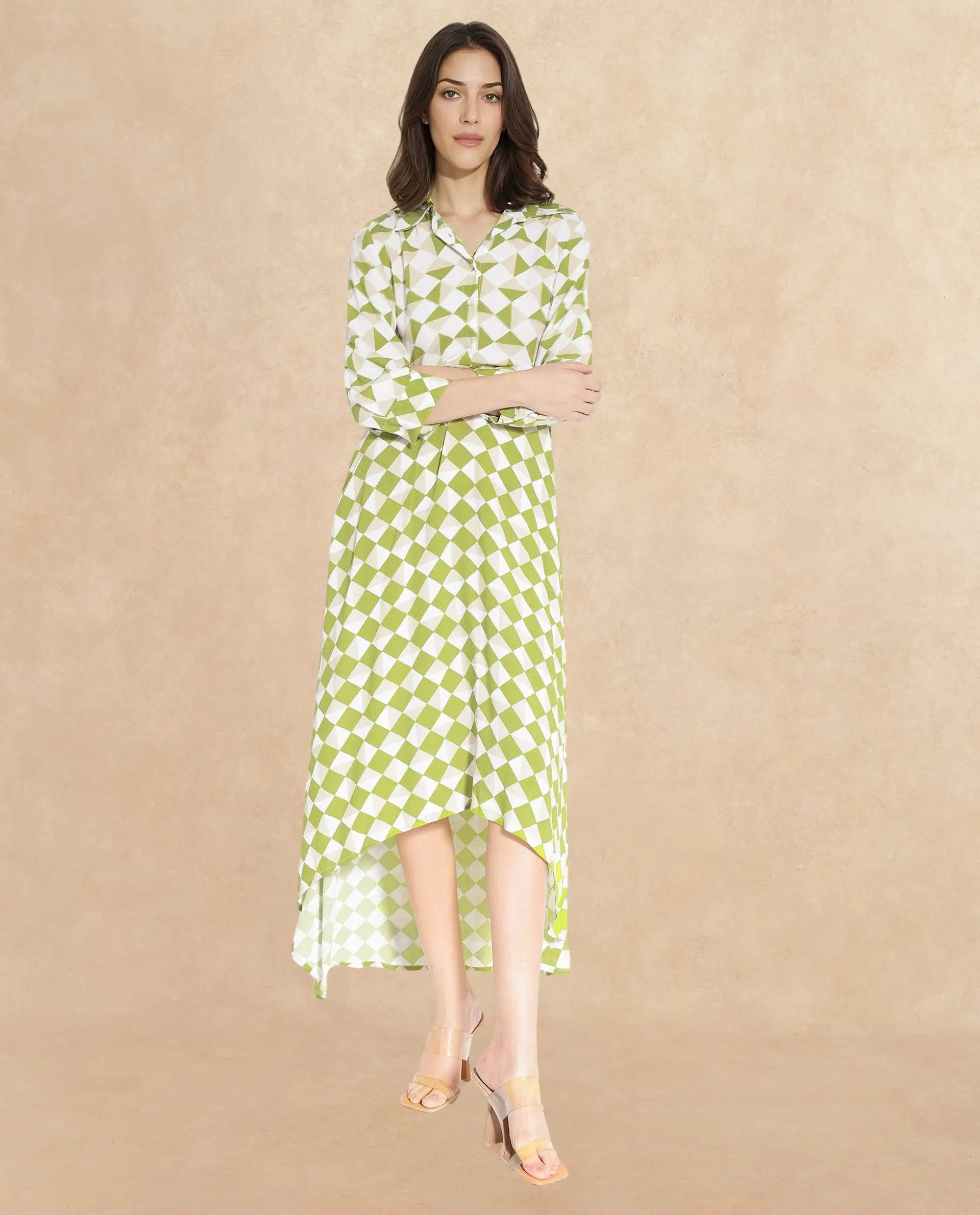 Rareism Women's Alice Light Green Spread Collar Button Closure Cuffed Sleeve Geometric Print Flared Maxi Dress