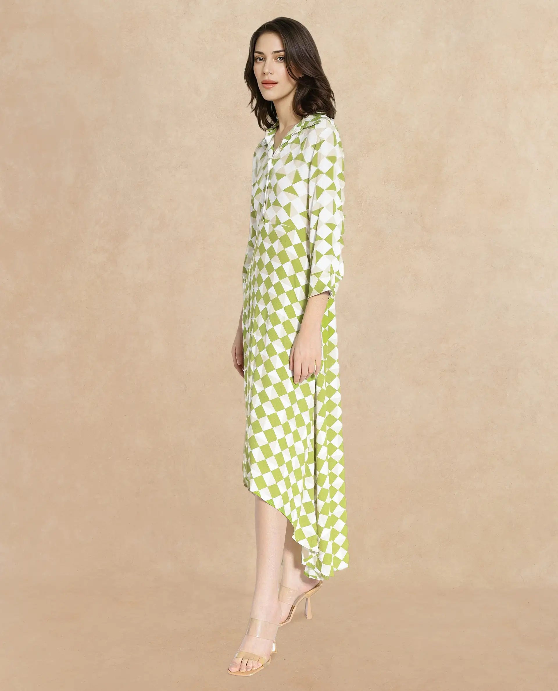 Rareism Women's Alice Light Green Spread Collar Button Closure Cuffed Sleeve Geometric Print Flared Maxi Dress