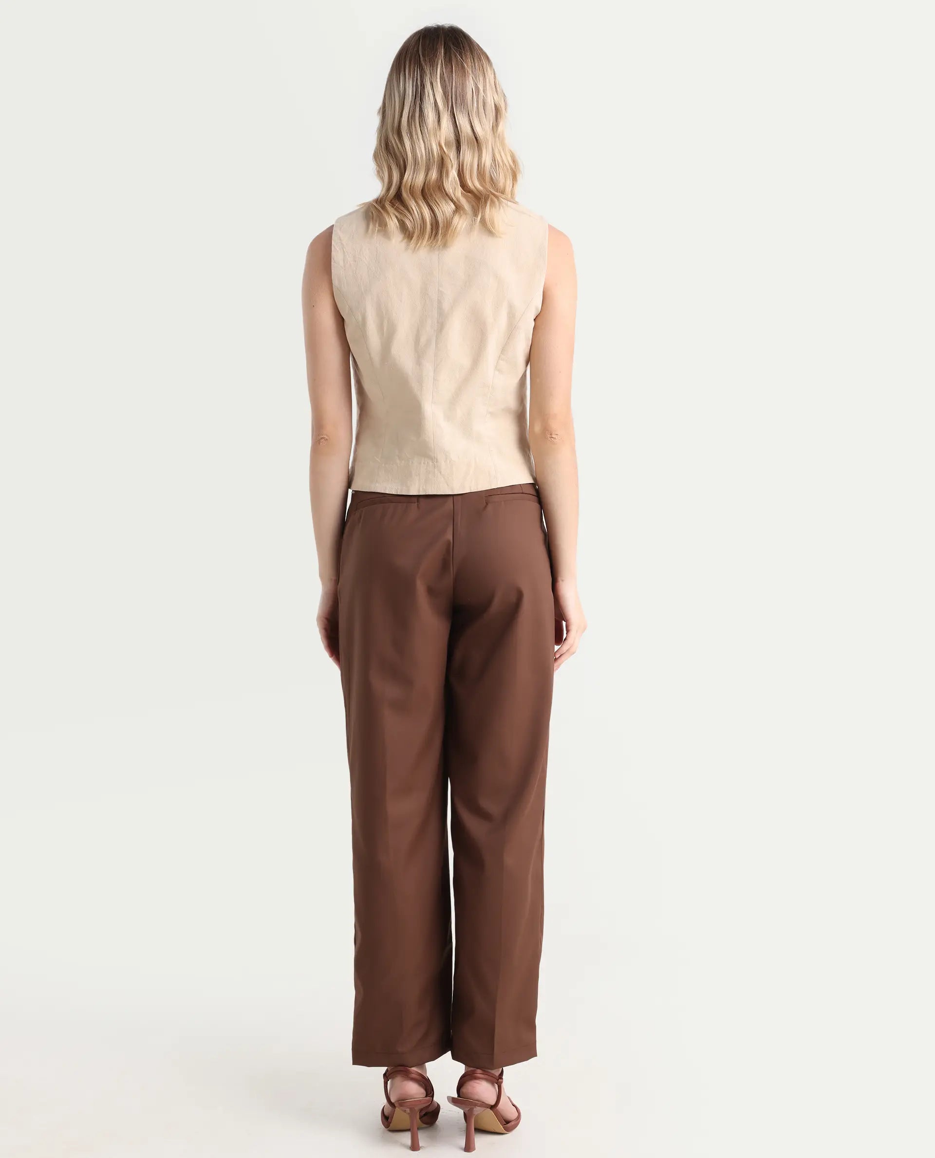 Rareism Women's Alina Brown Cotton Plain Ankle Length Flared Trouser