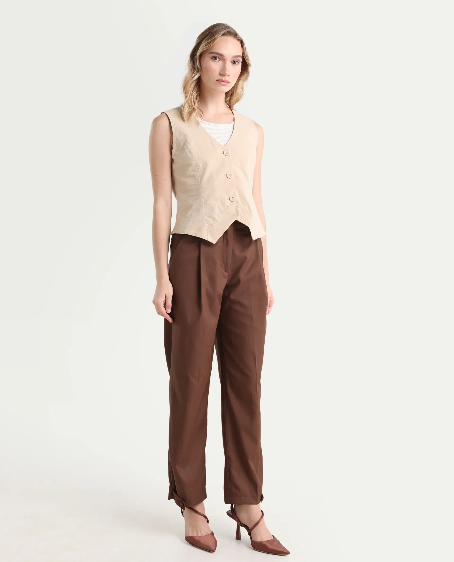 Rareism Women's Alina Brown Cotton Plain Ankle Length Flared Trouser