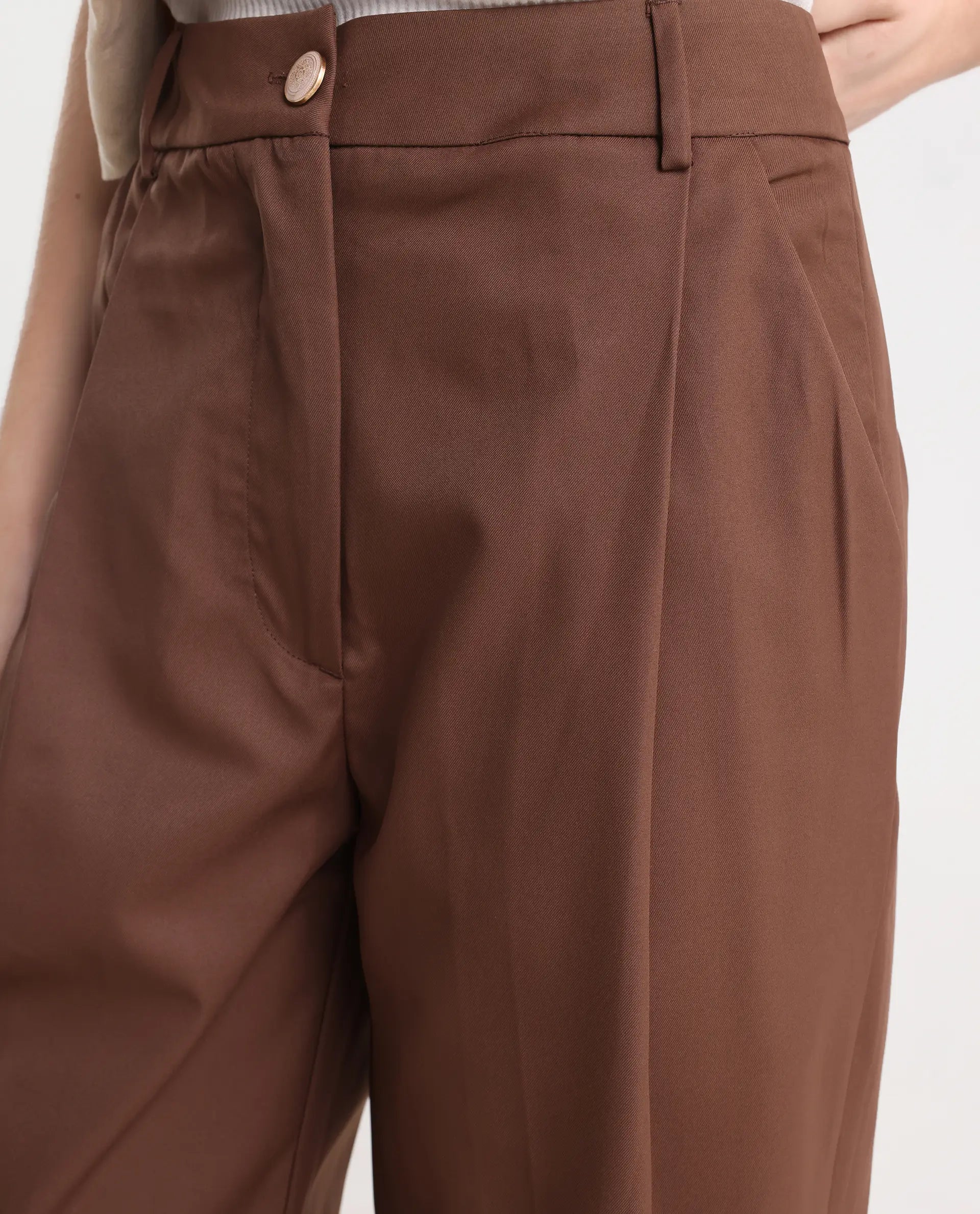 Rareism Women's Alina Brown Cotton Plain Ankle Length Flared Trouser