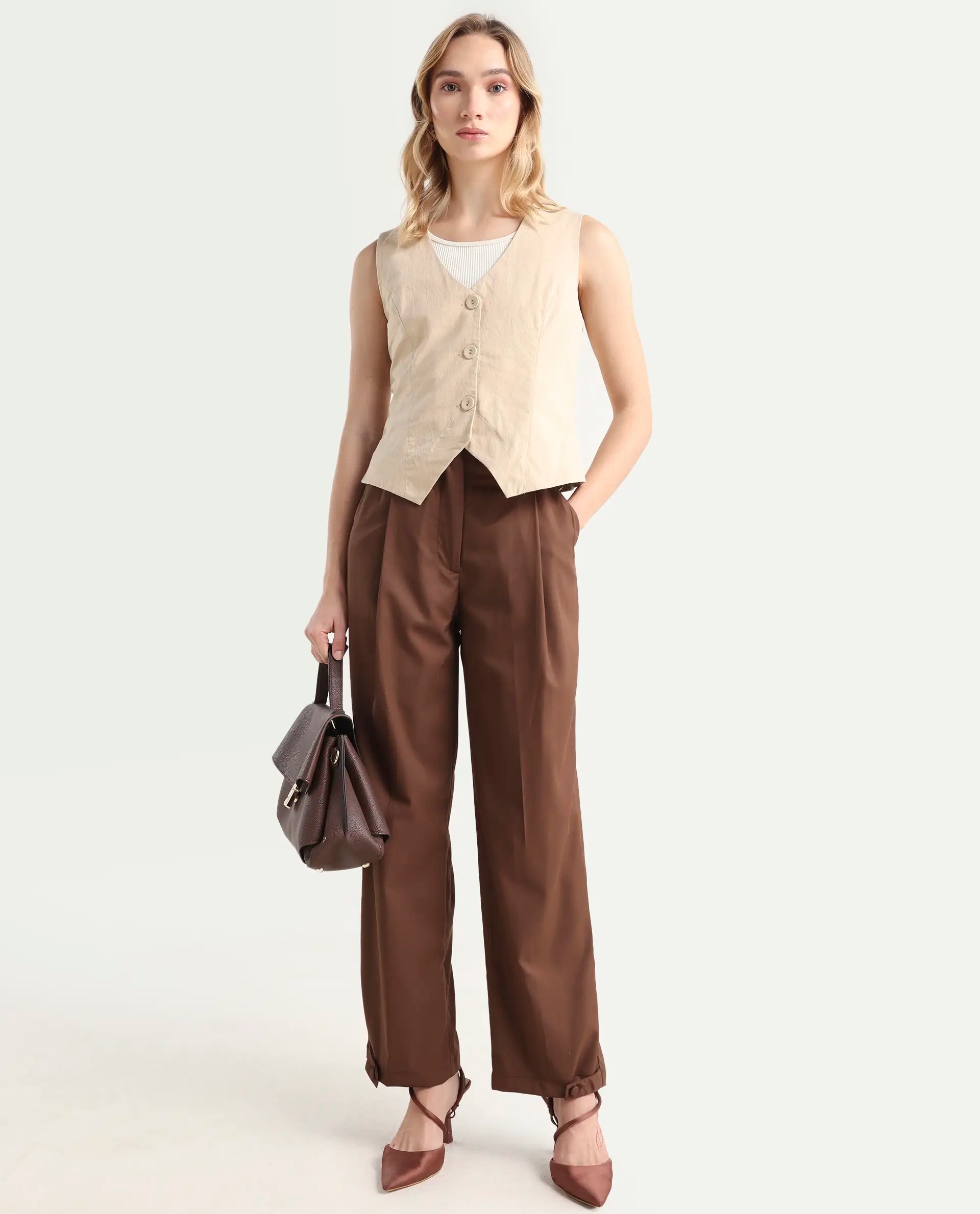 Rareism Women's Alina Brown Cotton Plain Ankle Length Flared Trouser