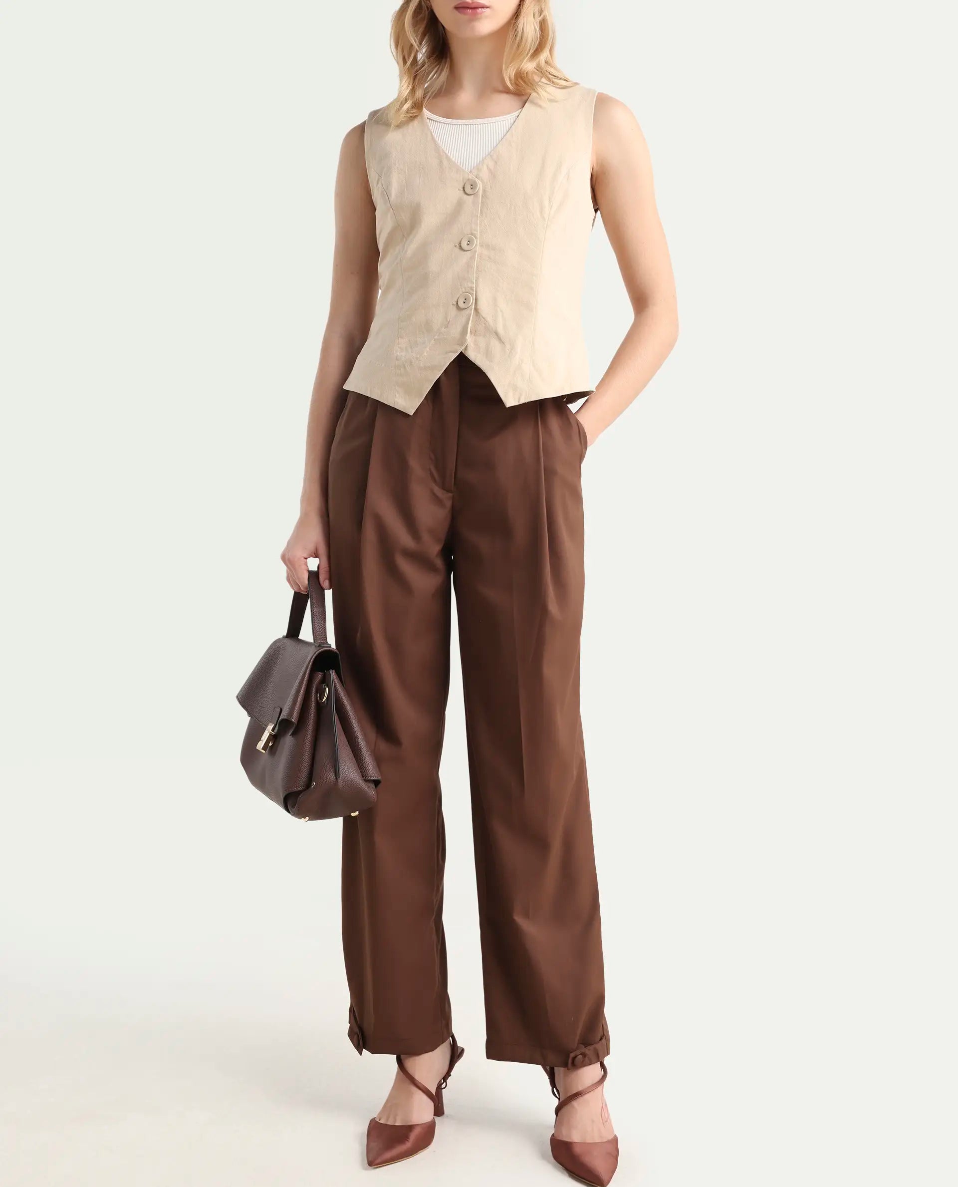 Rareism Women's Alina Brown Cotton Plain Ankle Length Flared Trouser