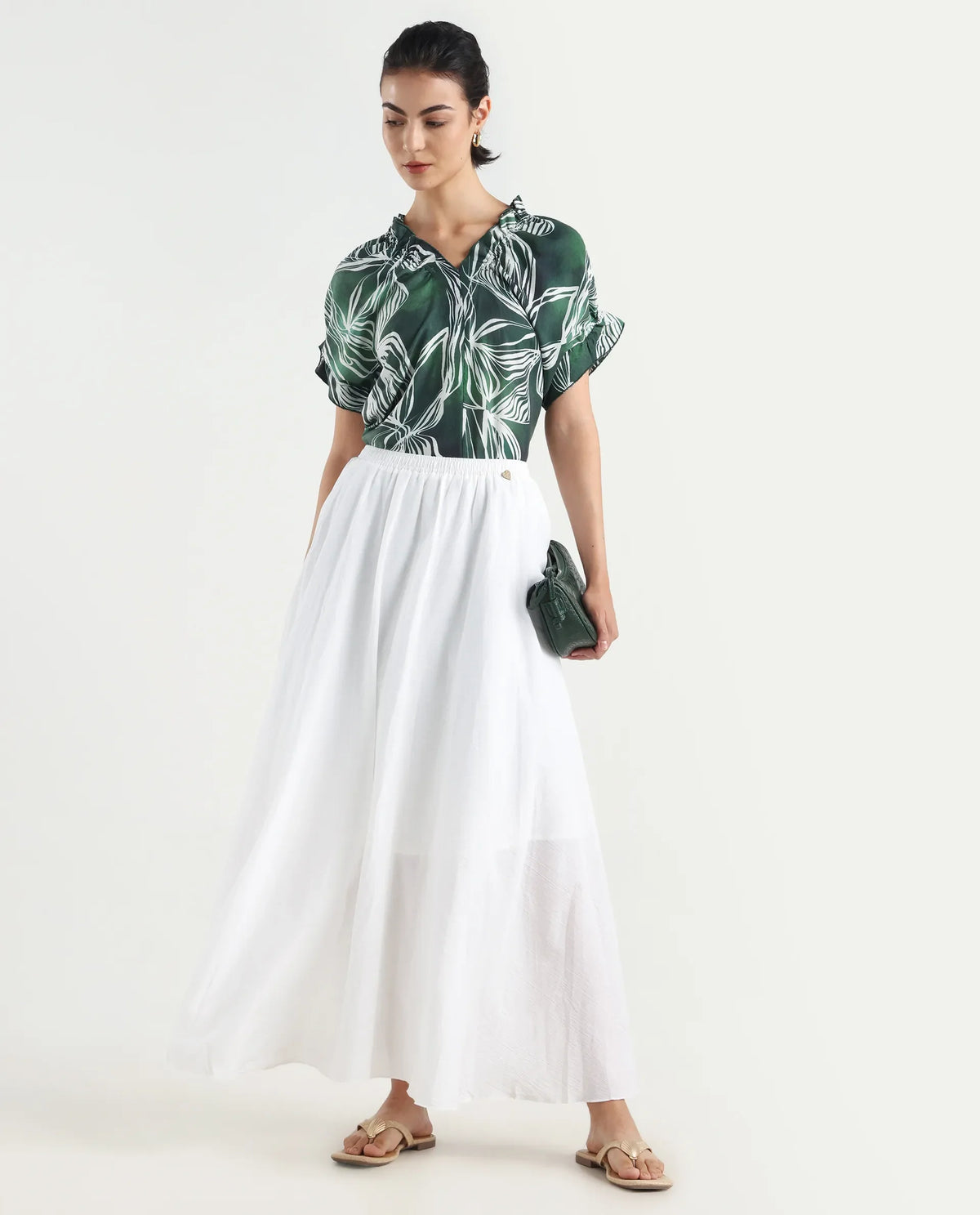 Rareism Women's Alina White Cotton Plain Ankle Length Flared Skirt