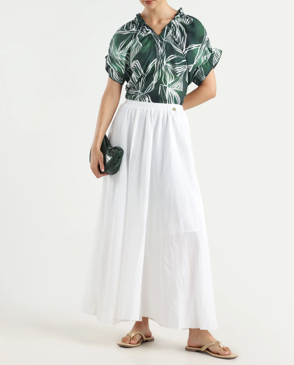 Rareism Women's Alina White Cotton Plain Ankle Length Flared Skirt