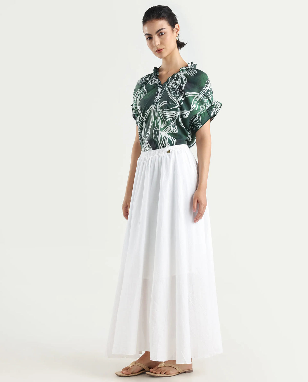 Rareism Women's Alina White Cotton Plain Ankle Length Flared Skirt