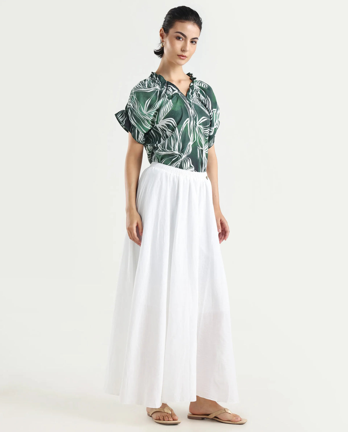 Rareism Women's Alina White Cotton Plain Ankle Length Flared Skirt