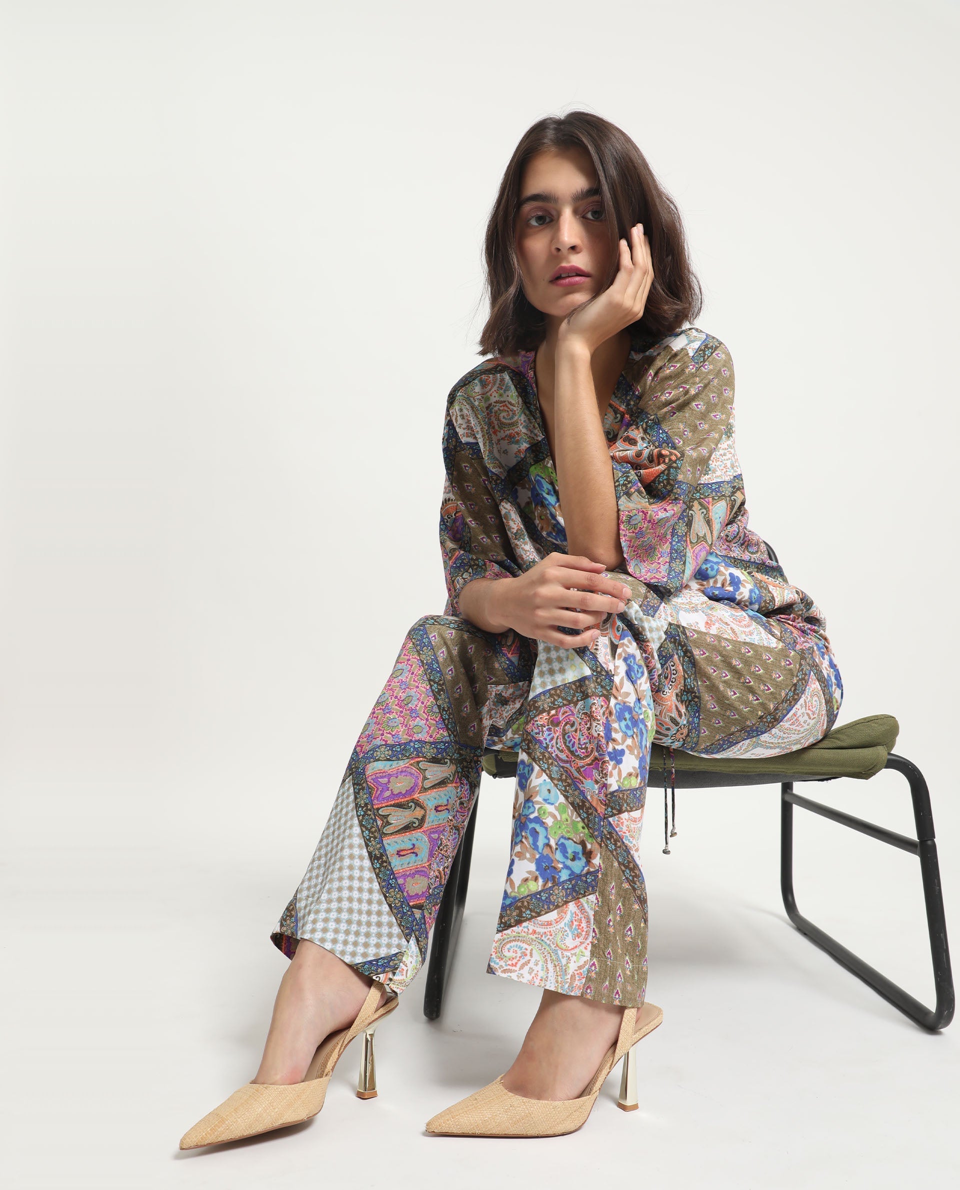 Rareism Women Allan Multi Viscose Fabric Drawstring Closure Tailored Fit Abstract Print Ankle Length Trousers