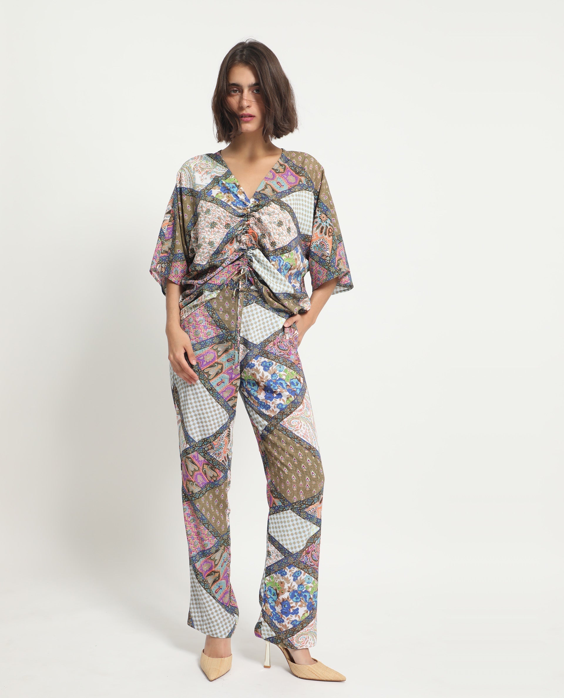 Rareism Women Allan Multi Viscose Fabric Drawstring Closure Tailored Fit Abstract Print Ankle Length Trousers