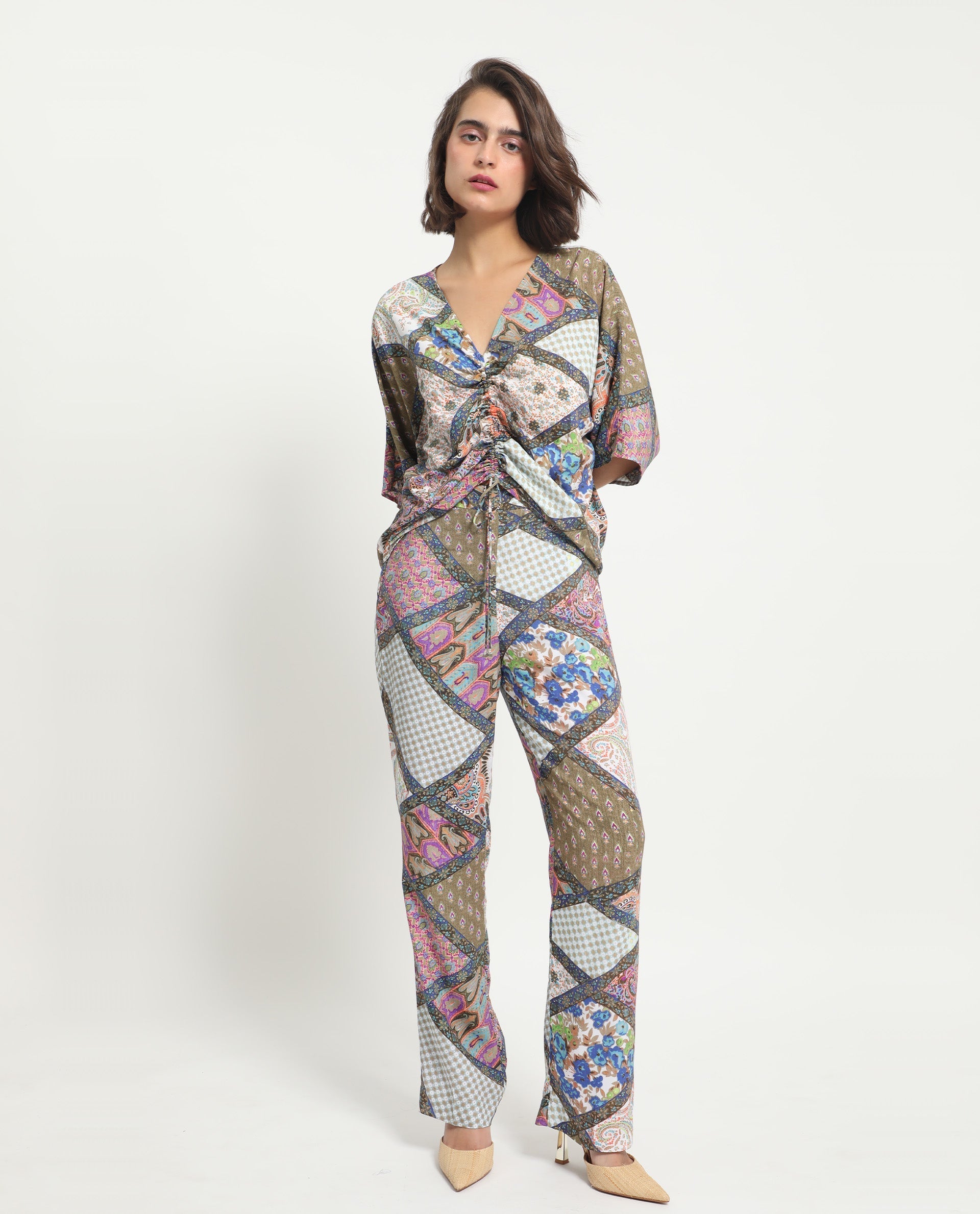 Rareism Women Allan Multi Viscose Fabric Drawstring Closure Tailored Fit Abstract Print Ankle Length Trousers