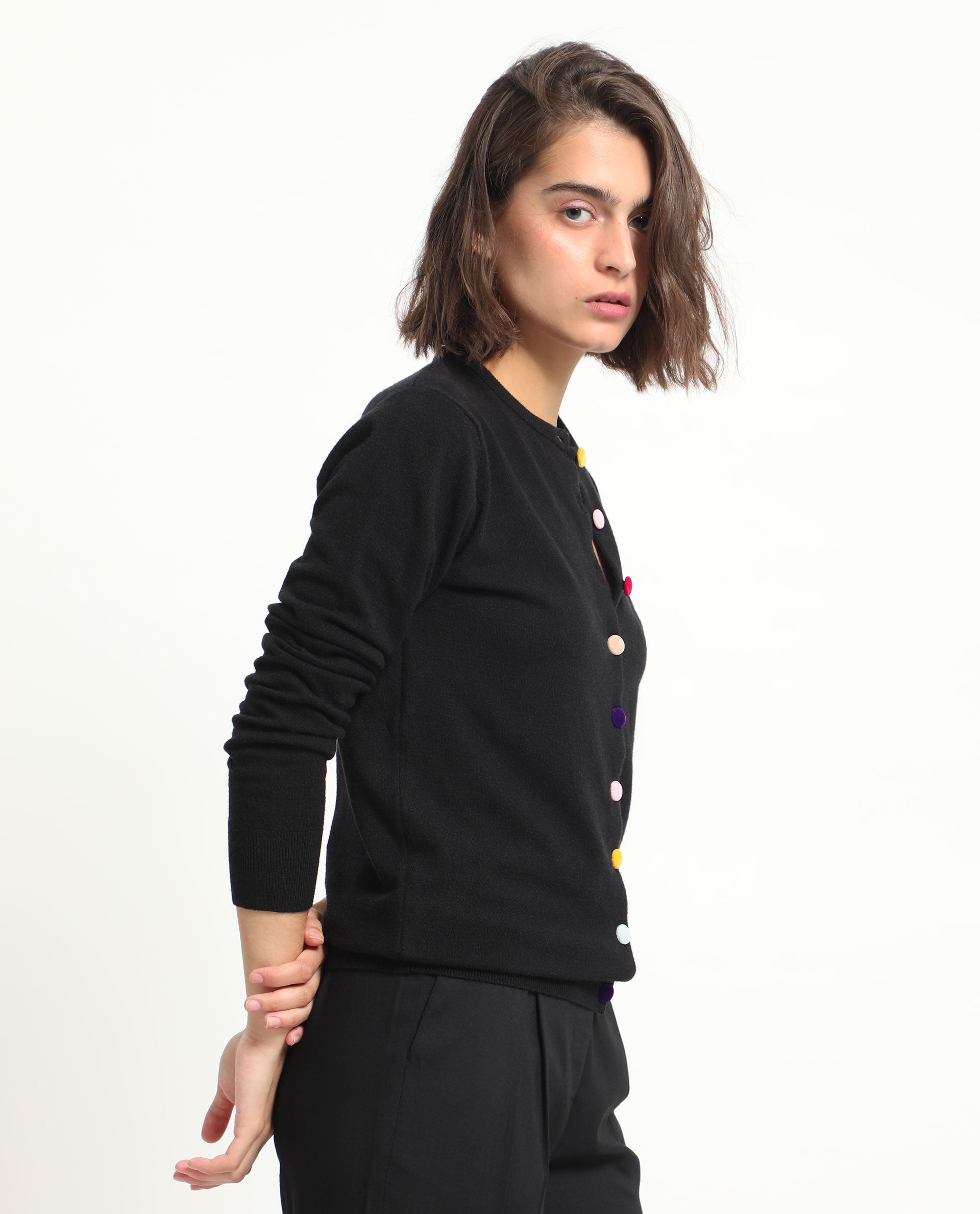 Rareism Women Alle Black Viscose Fabric Full Sleeves Button Closure Round Neck Regular Fit Plain Sweater