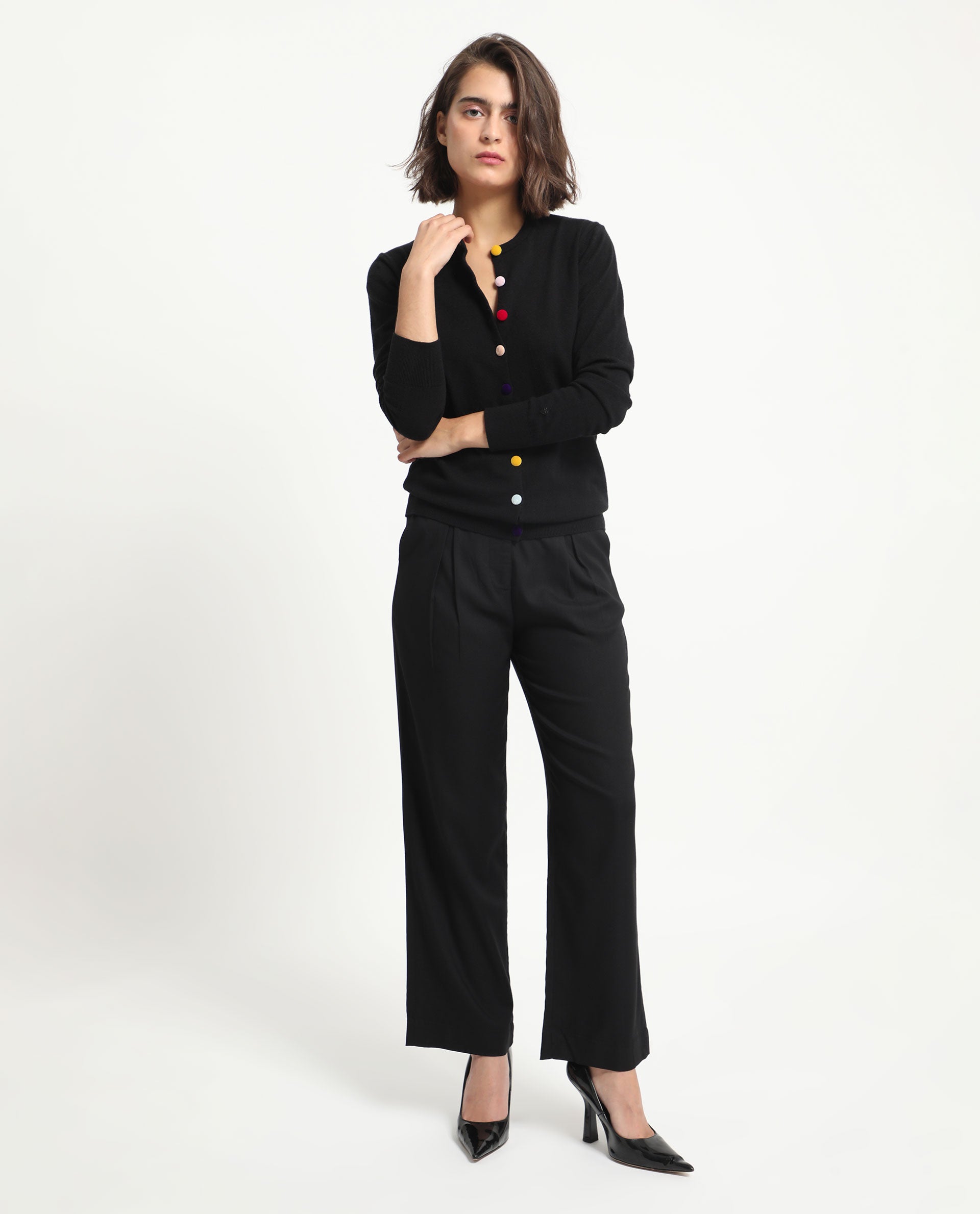 Rareism Women Alle Black Viscose Fabric Full Sleeves Button Closure Round Neck Regular Fit Plain Sweater