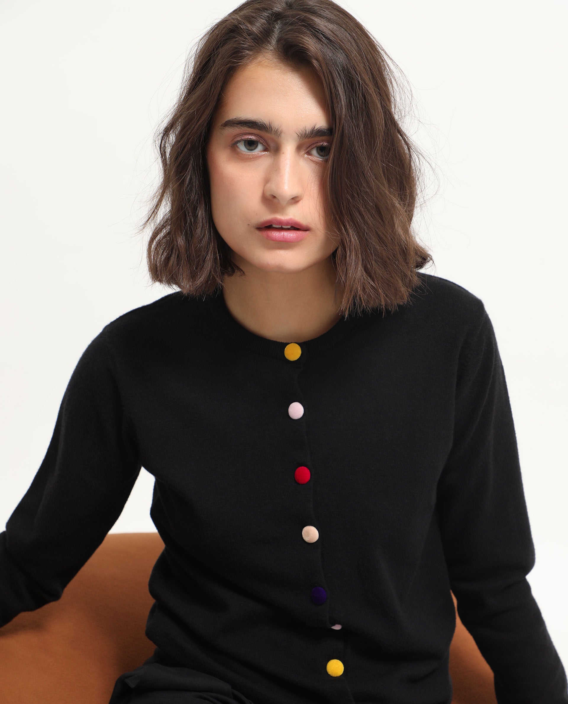 Rareism Women Alle Black Viscose Fabric Full Sleeves Button Closure Round Neck Regular Fit Plain Sweater