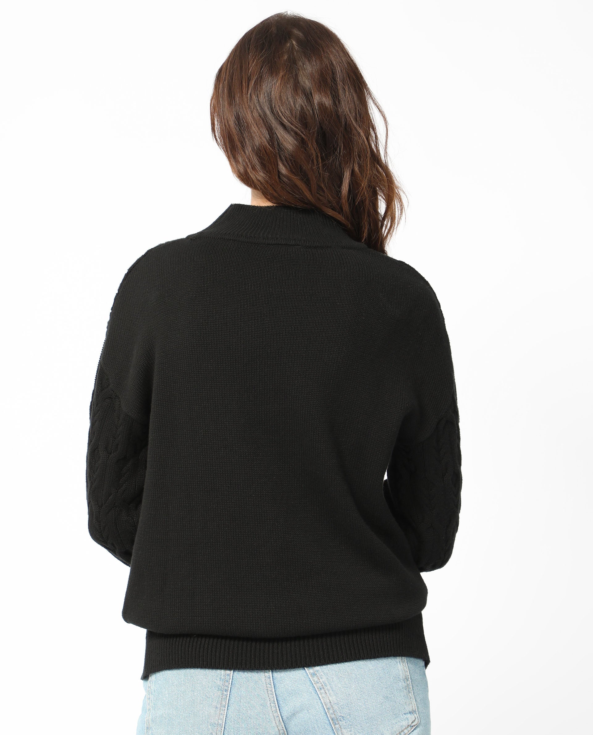 Rareism Women Allen Black Cotton Fabric Full Sleeves Regular Fit Solid Turtle Neck Sweater