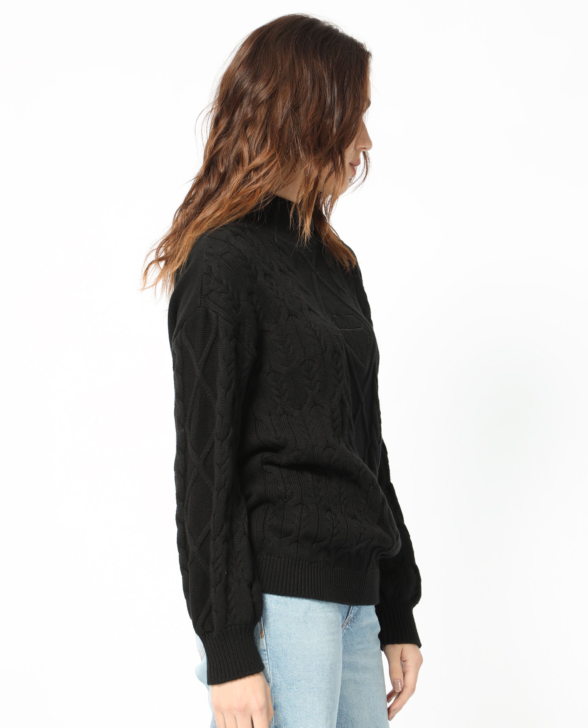 Rareism Women Allen Black Cotton Fabric Full Sleeves Regular Fit Solid Turtle Neck Sweater
