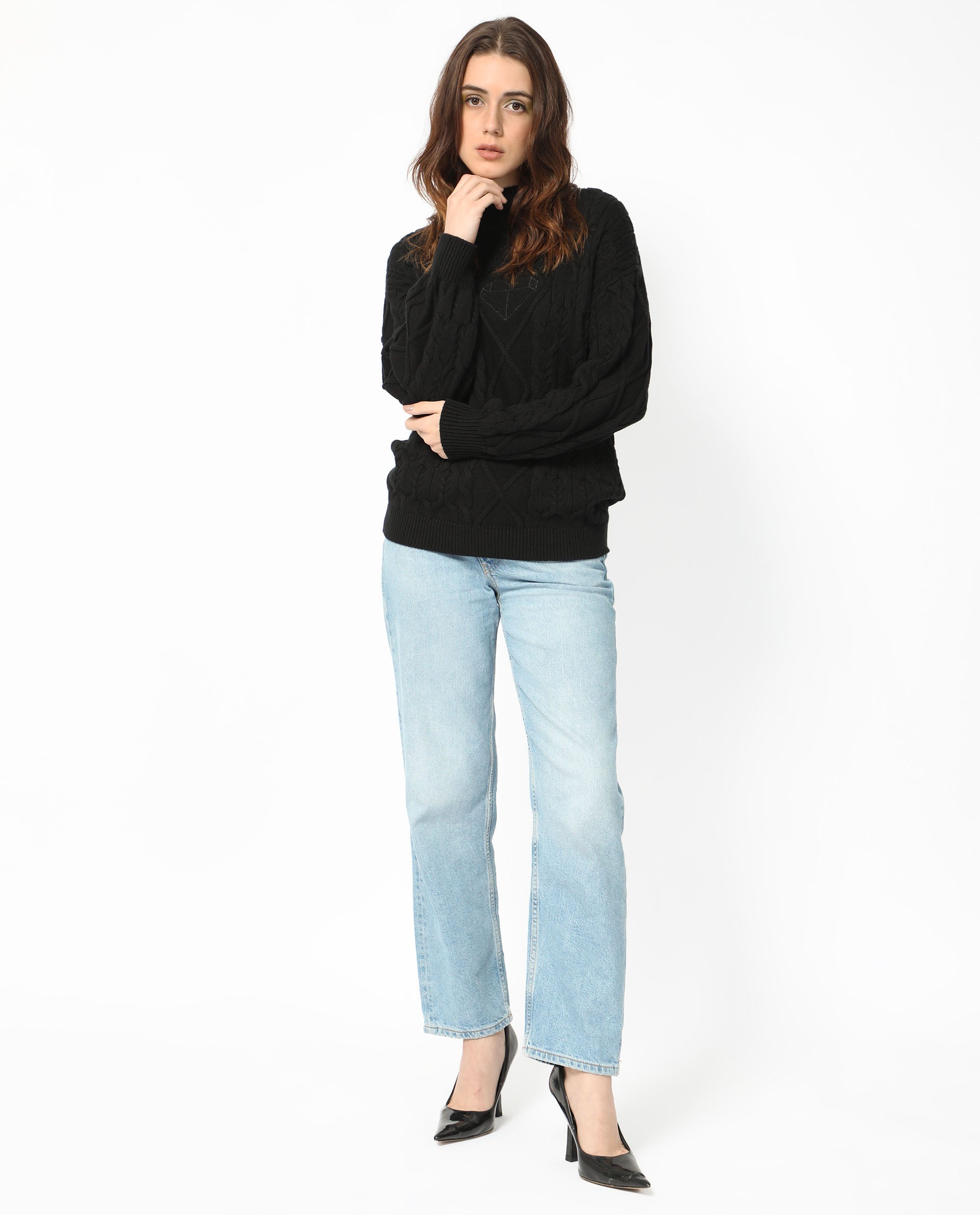 Rareism Women Allen Black Cotton Fabric Full Sleeves Regular Fit Solid Turtle Neck Sweater