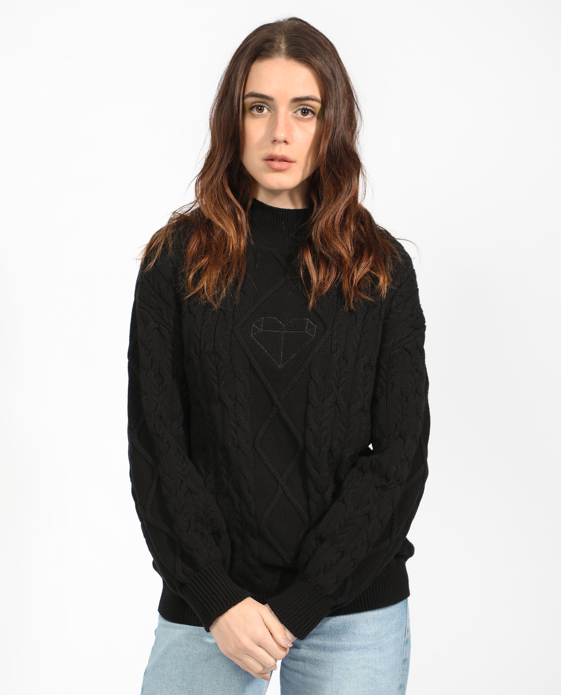 Rareism Women Allen Black Cotton Fabric Full Sleeves Regular Fit Solid Turtle Neck Sweater