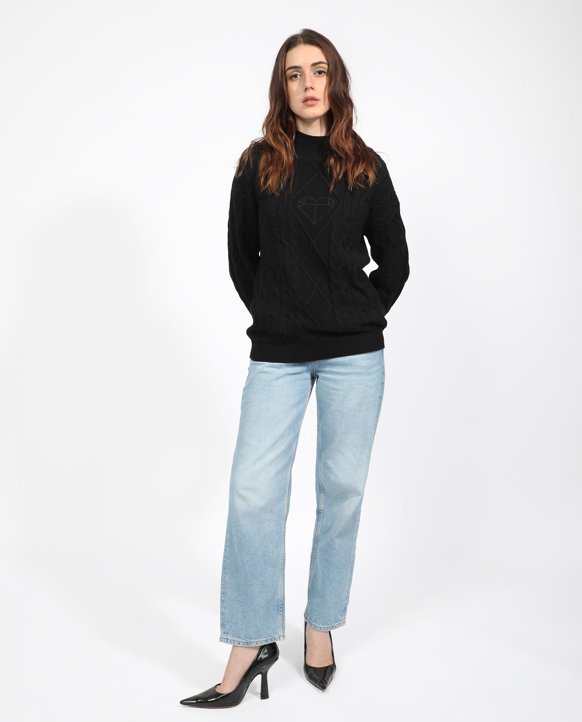 Rareism Women's Allen Black Cotton Turtle Neck Plain Regular Fit Sweater