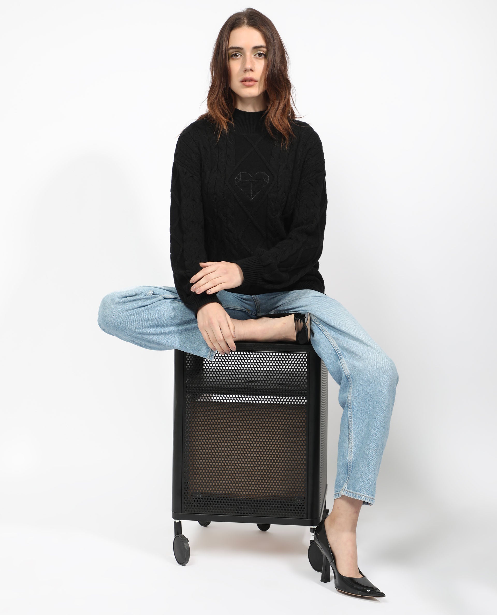 Rareism Women Allen Black Cotton Fabric Full Sleeves Regular Fit Solid Turtle Neck Sweater