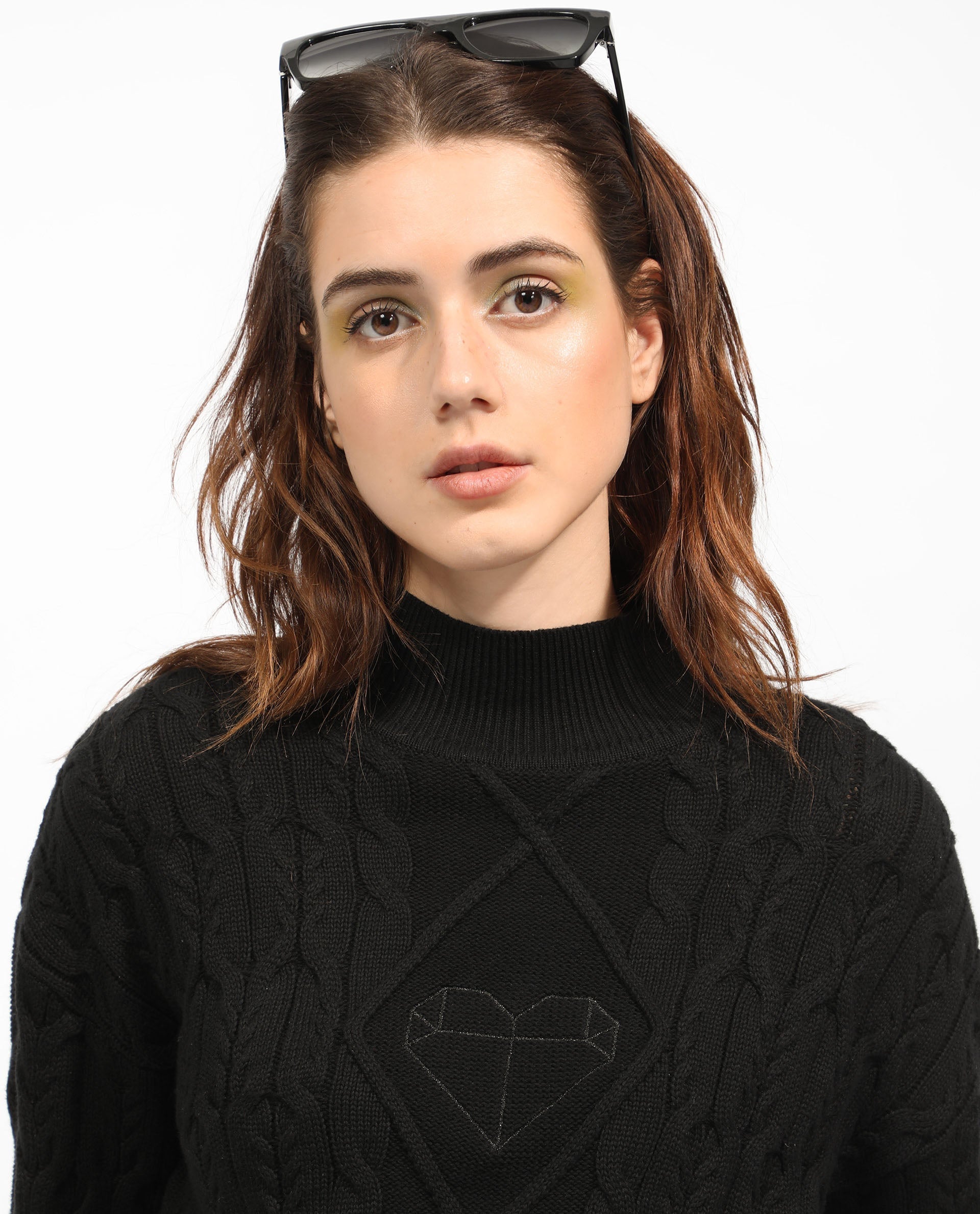 Rareism Women Allen Black Cotton Fabric Full Sleeves Regular Fit Solid Turtle Neck Sweater