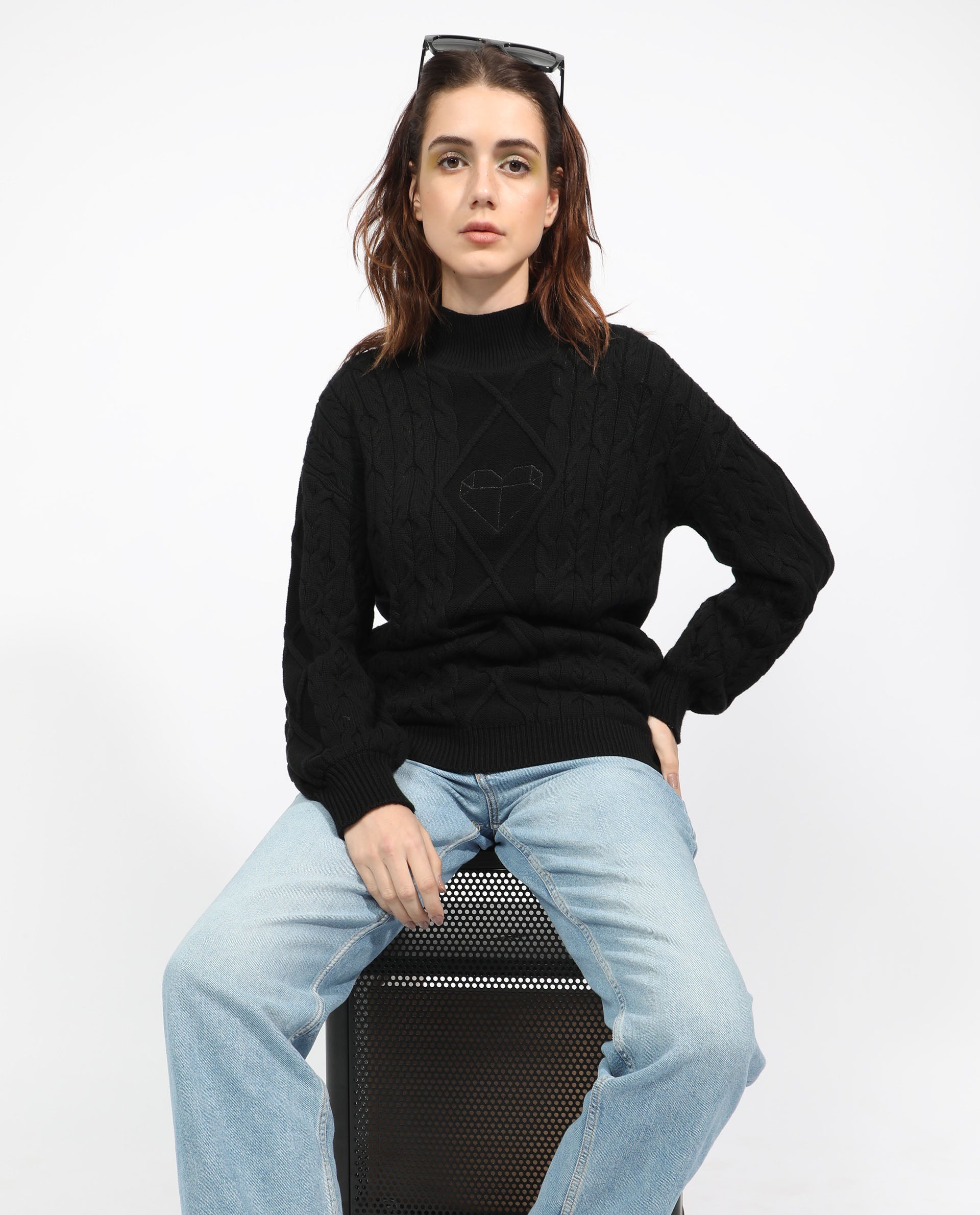 Rareism Women Allen Black Cotton Fabric Full Sleeves Regular Fit Solid Turtle Neck Sweater