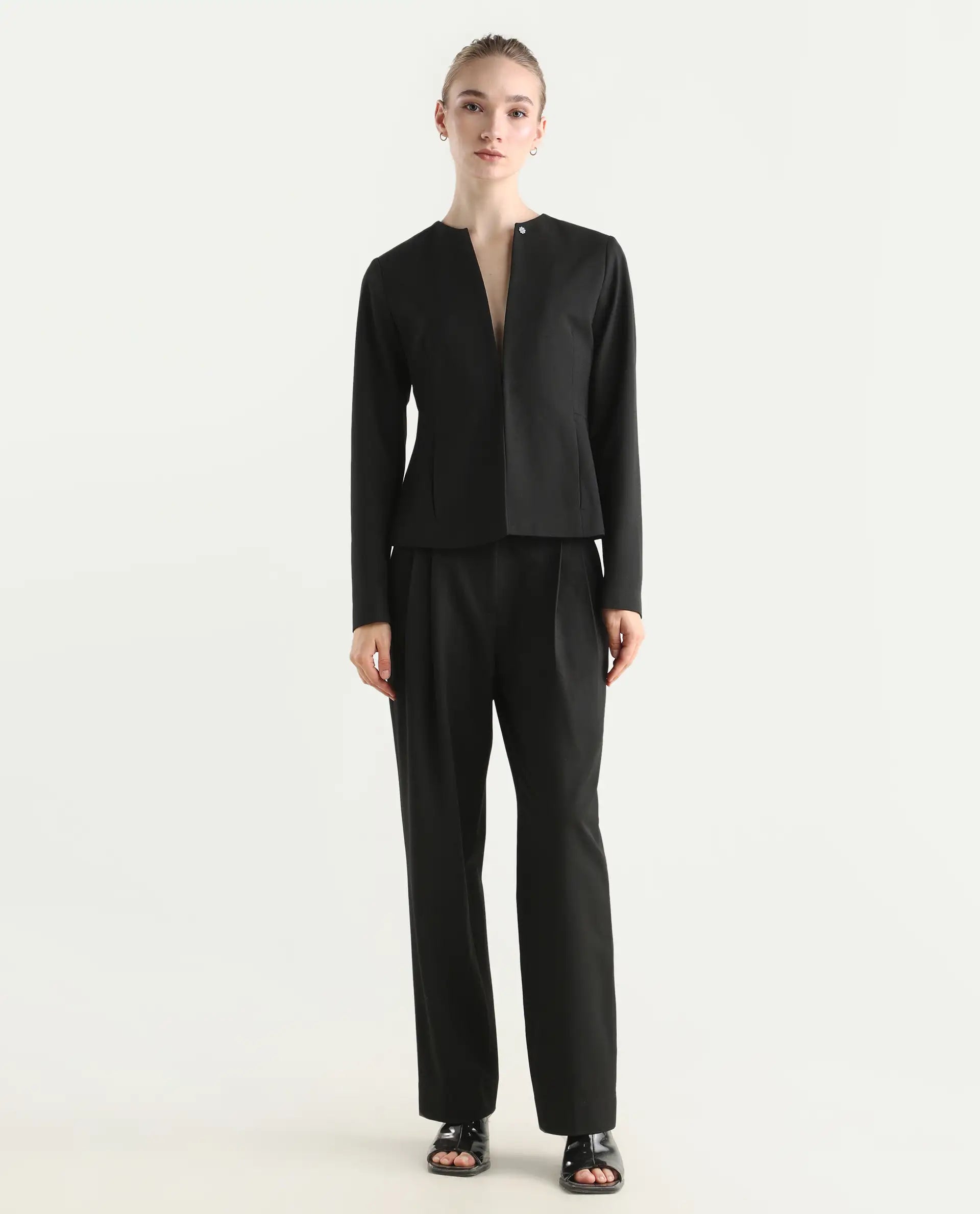 Rareism Women's Allenso Black Polyester Blend Full Sleeve Plain Blazer