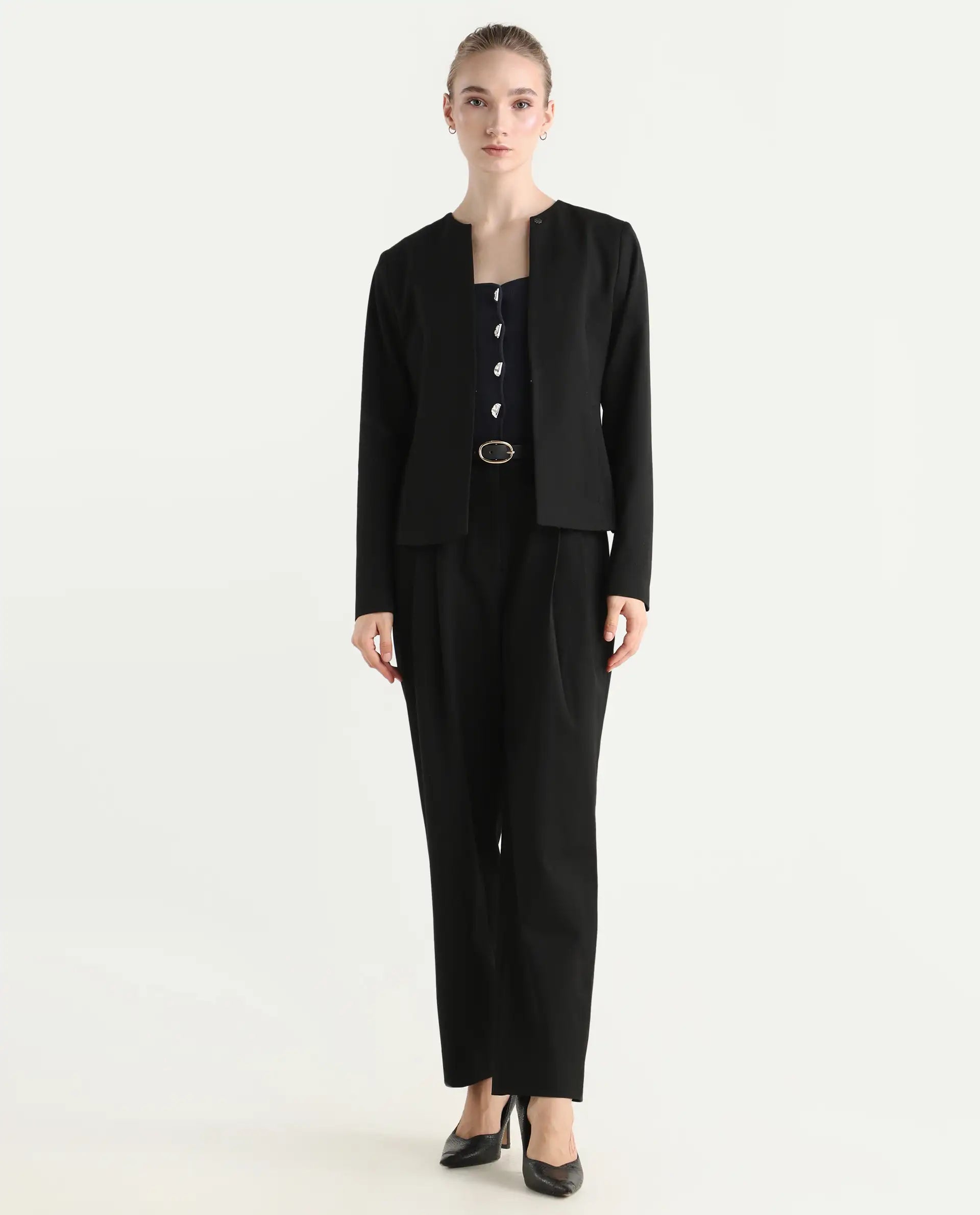 Rareism Women's Allenso Black Polyester Blend Full Sleeve Plain Blazer