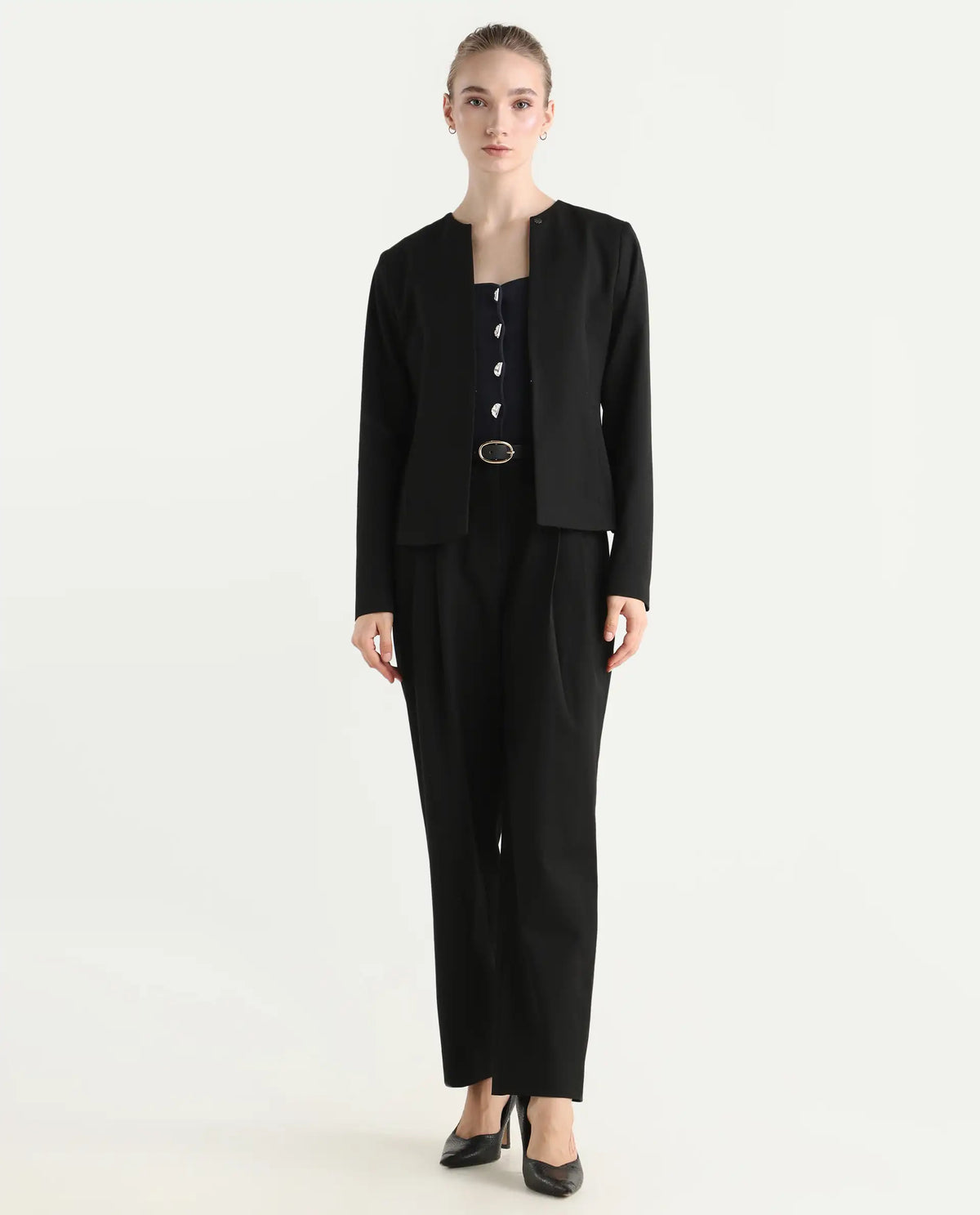 Rareism Women's Allenso Black Polyester Blend Full Sleeve Plain Blazer