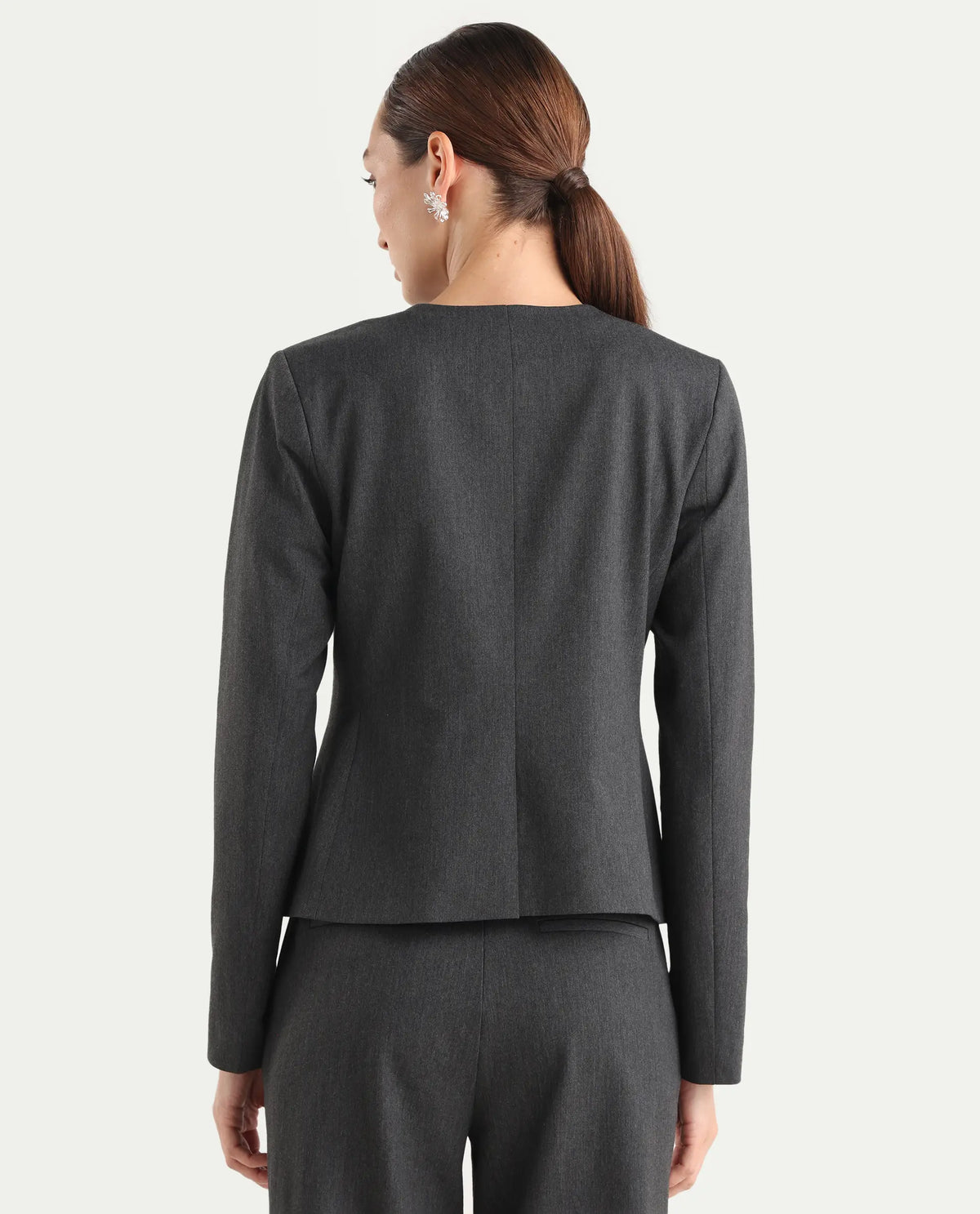 Rareism Women's Allenso Grey Polyester Blend Full Sleeve Plain Blazer