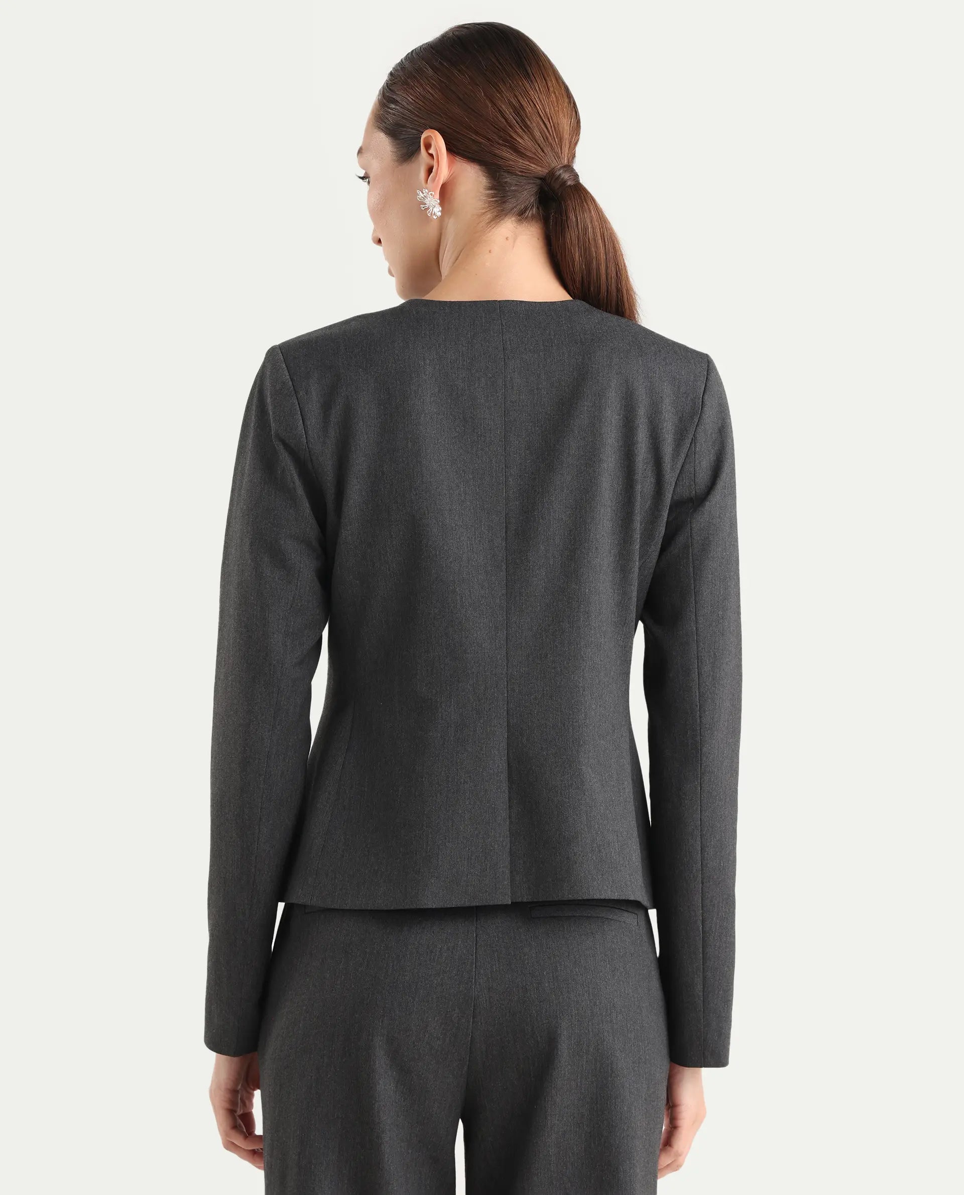 Rareism Women's Allenso Grey Polyester Blend Full Sleeve Plain Blazer