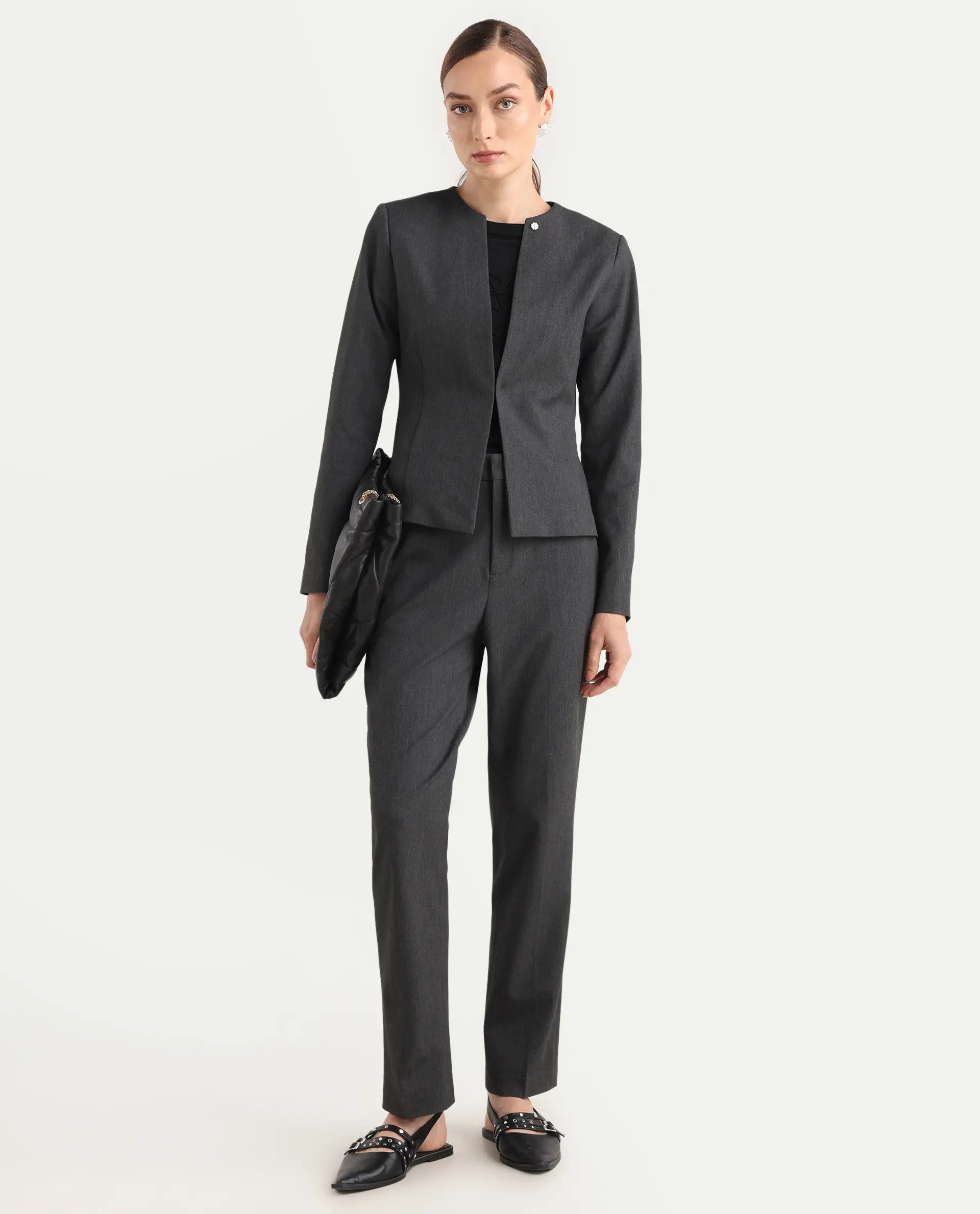 Rareism Women's Allenso Grey Polyester Blend Full Sleeve Plain Blazer