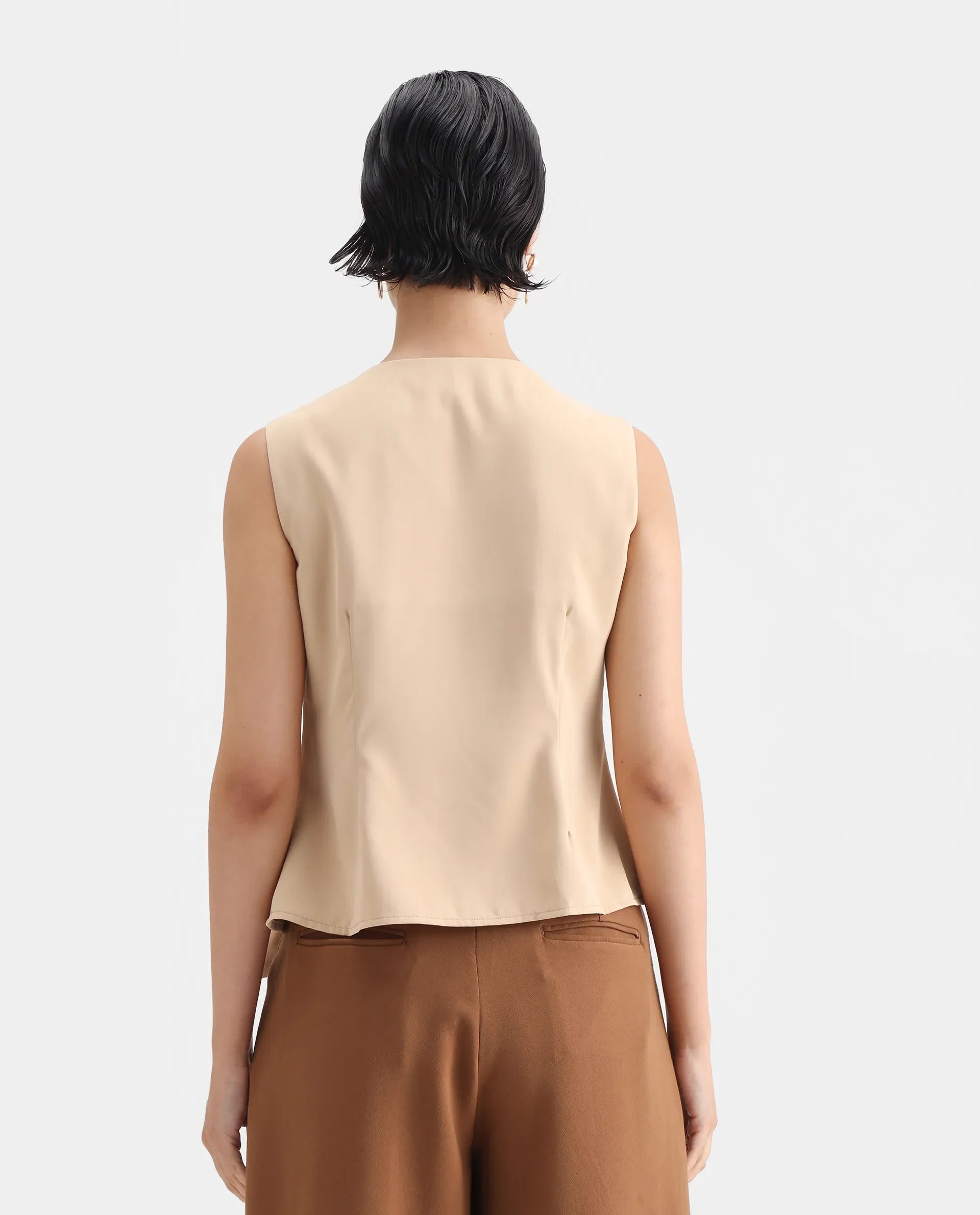 Rareism Women's Alnam Beige Satin Overlap Neck Dyed Sleeveless Regular Fit Top
