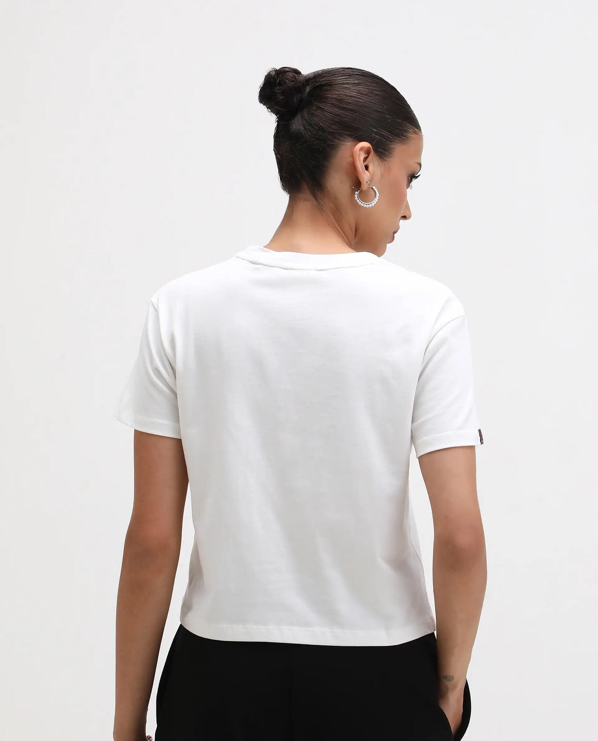 Rareism Women's Alore Off White Cotton Blend Crew Neck Graphic Print Crop Regular Fit T-Shirt