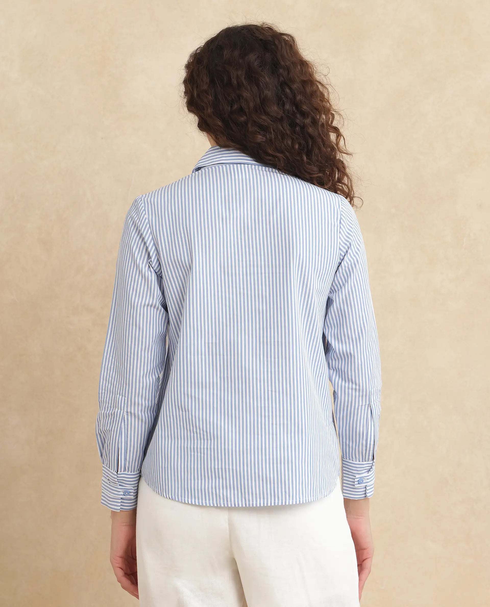 Rareism Women's Alug Blue Cotton Drop Collar Striped Cuffed Sleeve Regular Fit Shirt