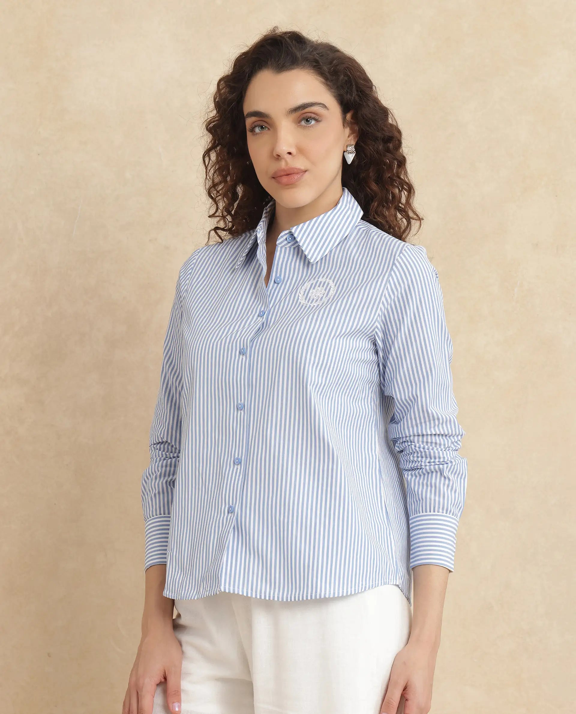 Rareism Women Alug Blue Cuffed Sleeves Collared Neck Button Closure Narrow Stripes Shirt