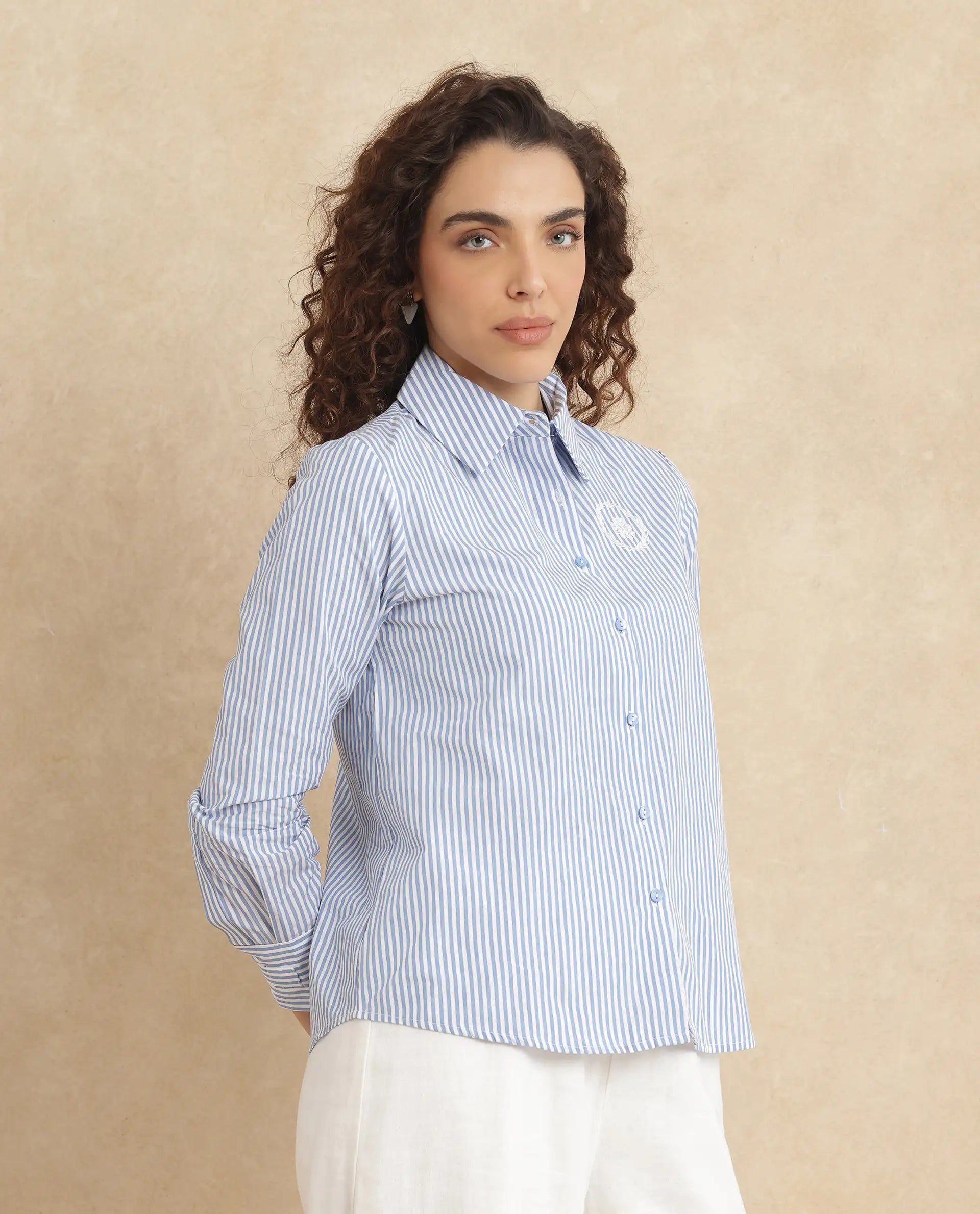 Rareism Women Alug Blue Cuffed Sleeves Collared Neck Button Closure Narrow Stripes Shirt