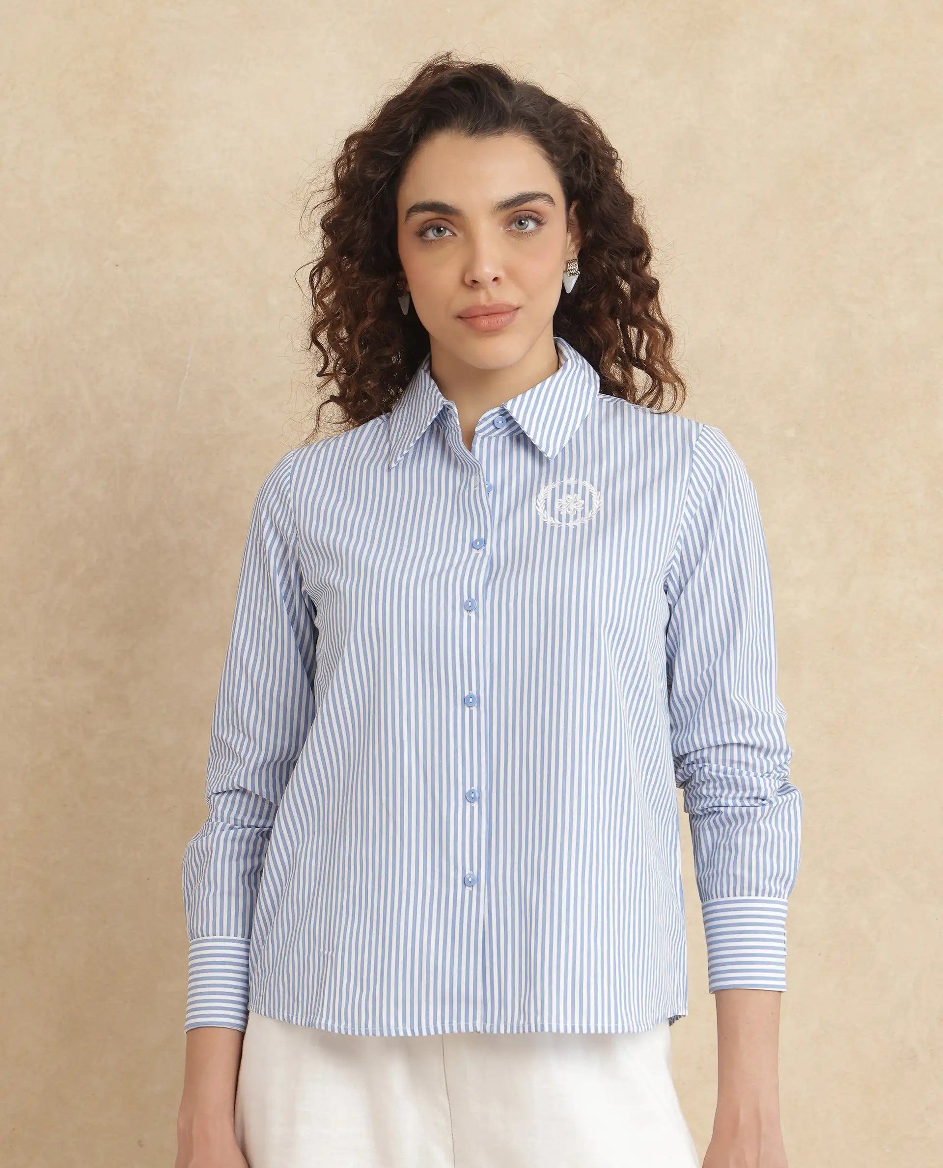 Rareism Women Alug Blue Cuffed Sleeves Collared Neck Button Closure Narrow Stripes Shirt