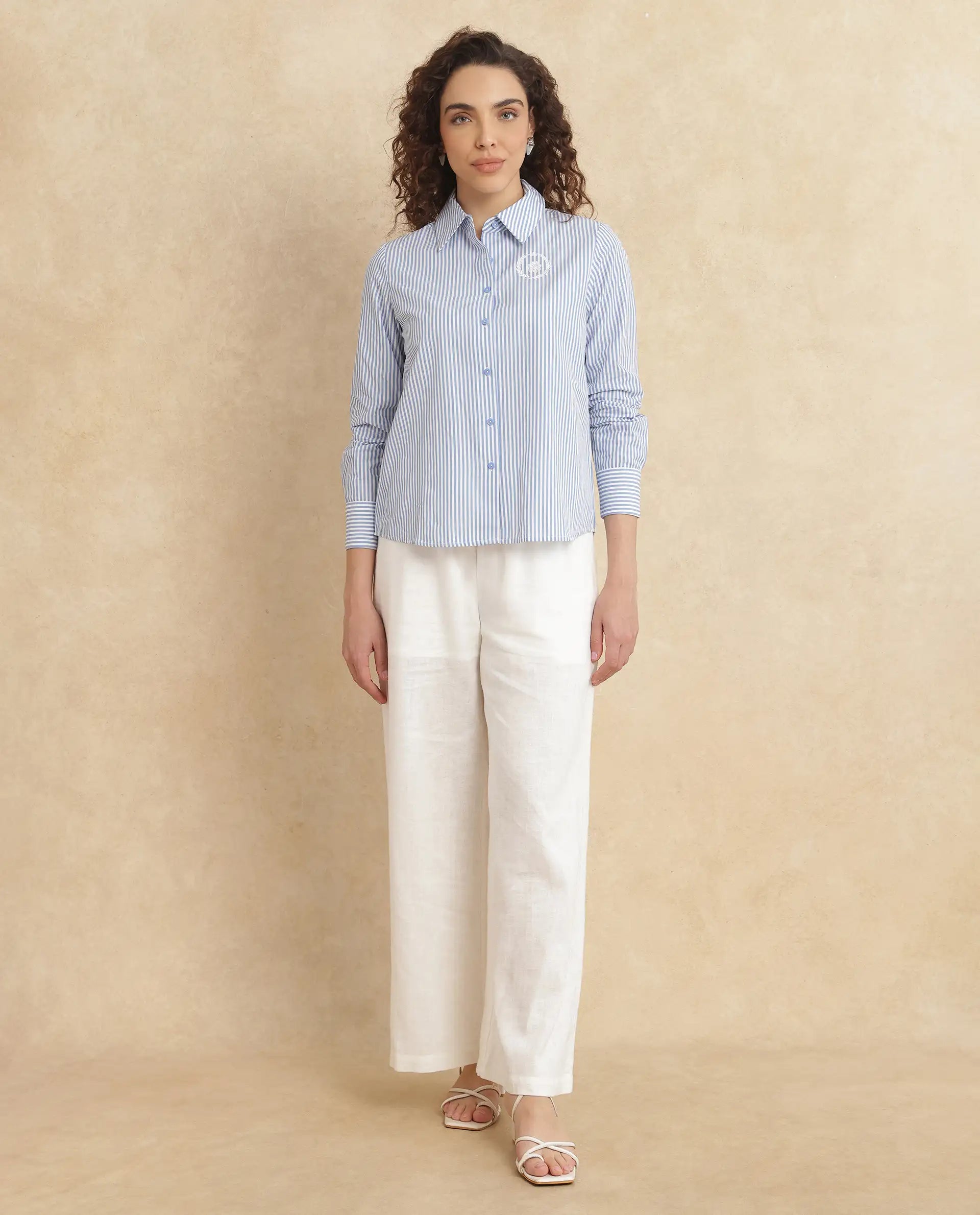 Rareism Women Alug Blue Cuffed Sleeves Collared Neck Button Closure Narrow Stripes Shirt