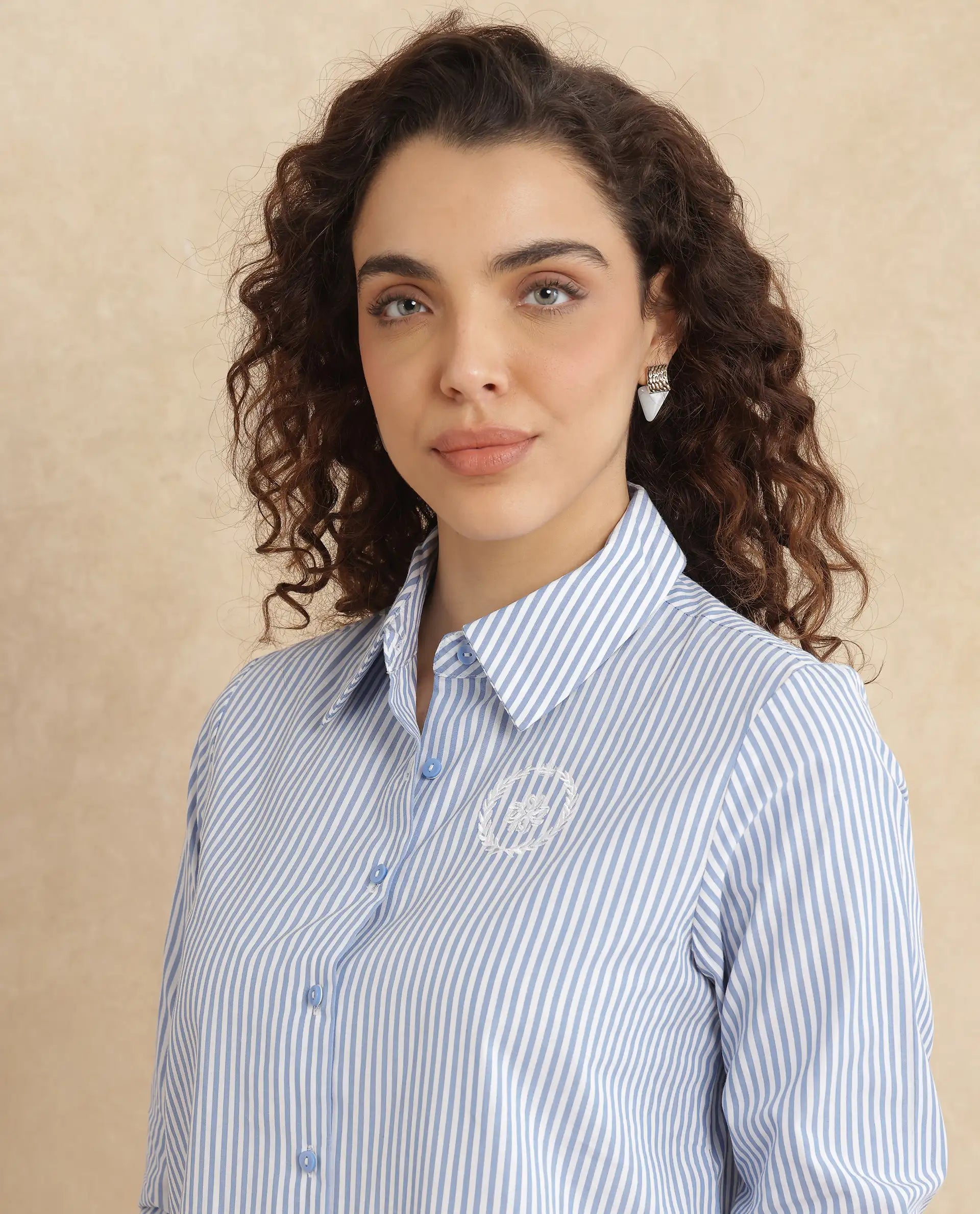 Rareism Women Alug Blue Cuffed Sleeves Collared Neck Button Closure Narrow Stripes Shirt